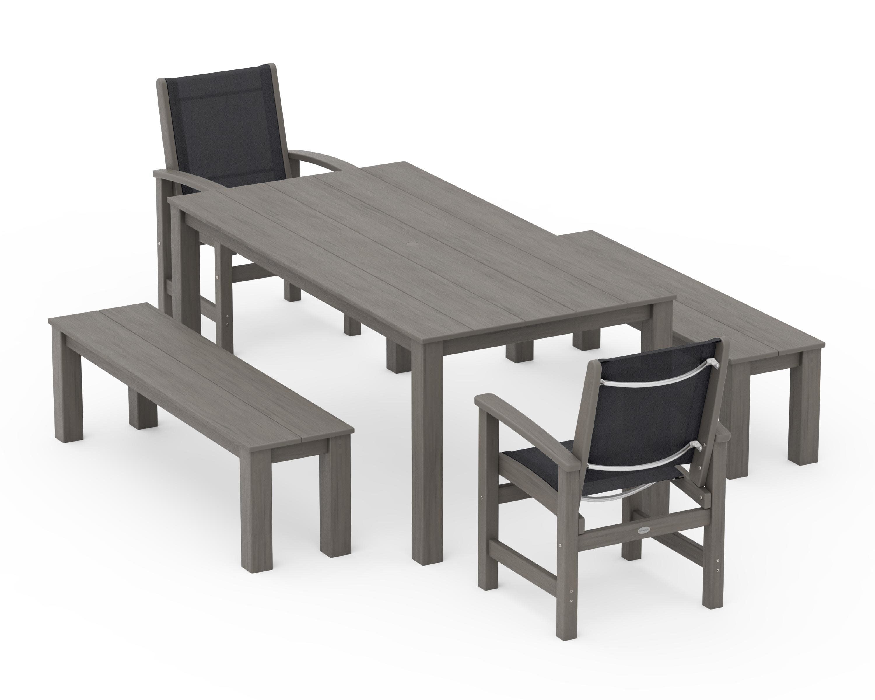 Coastal 5-Piece Parsons Dining Set with Benches in Driftwood / Black Sling