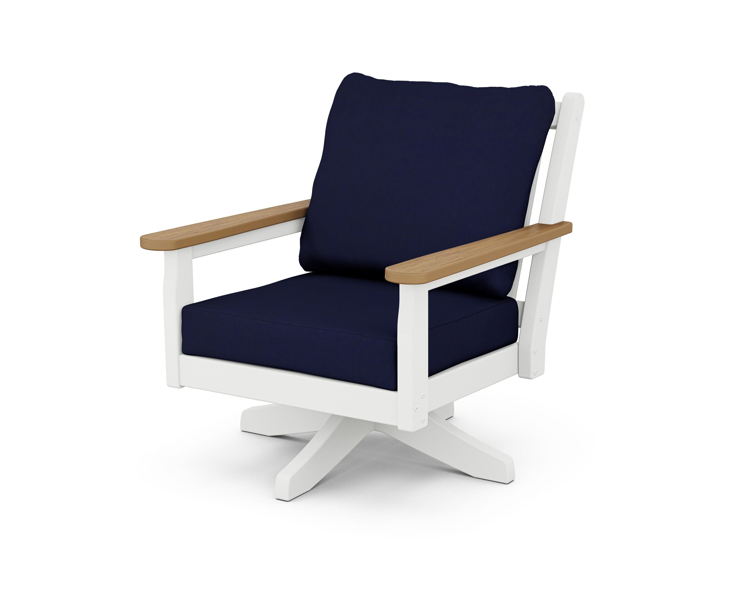 Chippendale Deep Seating Swivel Chair in White / Natural / Navy