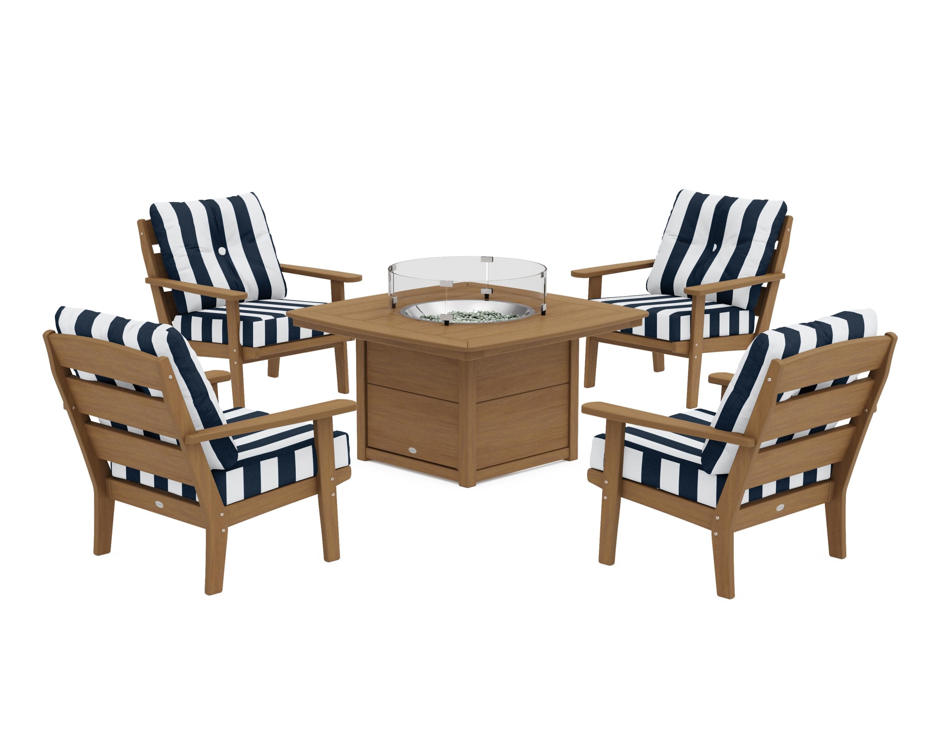 Lakeside 5-Piece Deep Seating Set with Nautical Fire Pit Table in Natural / Cabana Stripe Marine Indigo
