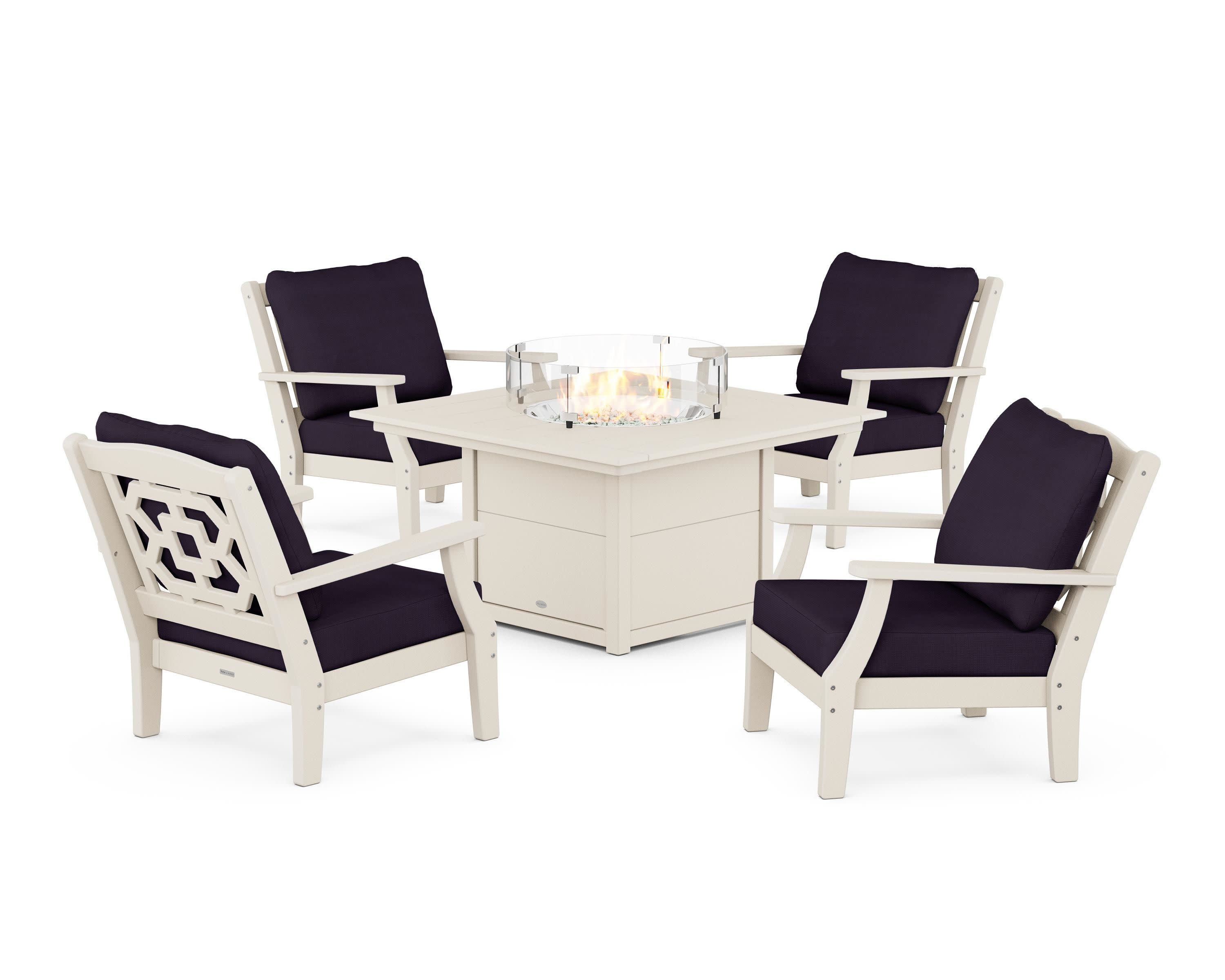 Chinoiserie 5-Piece Deep Seating Set with Fire Pit Table in Sand / Navy Linen