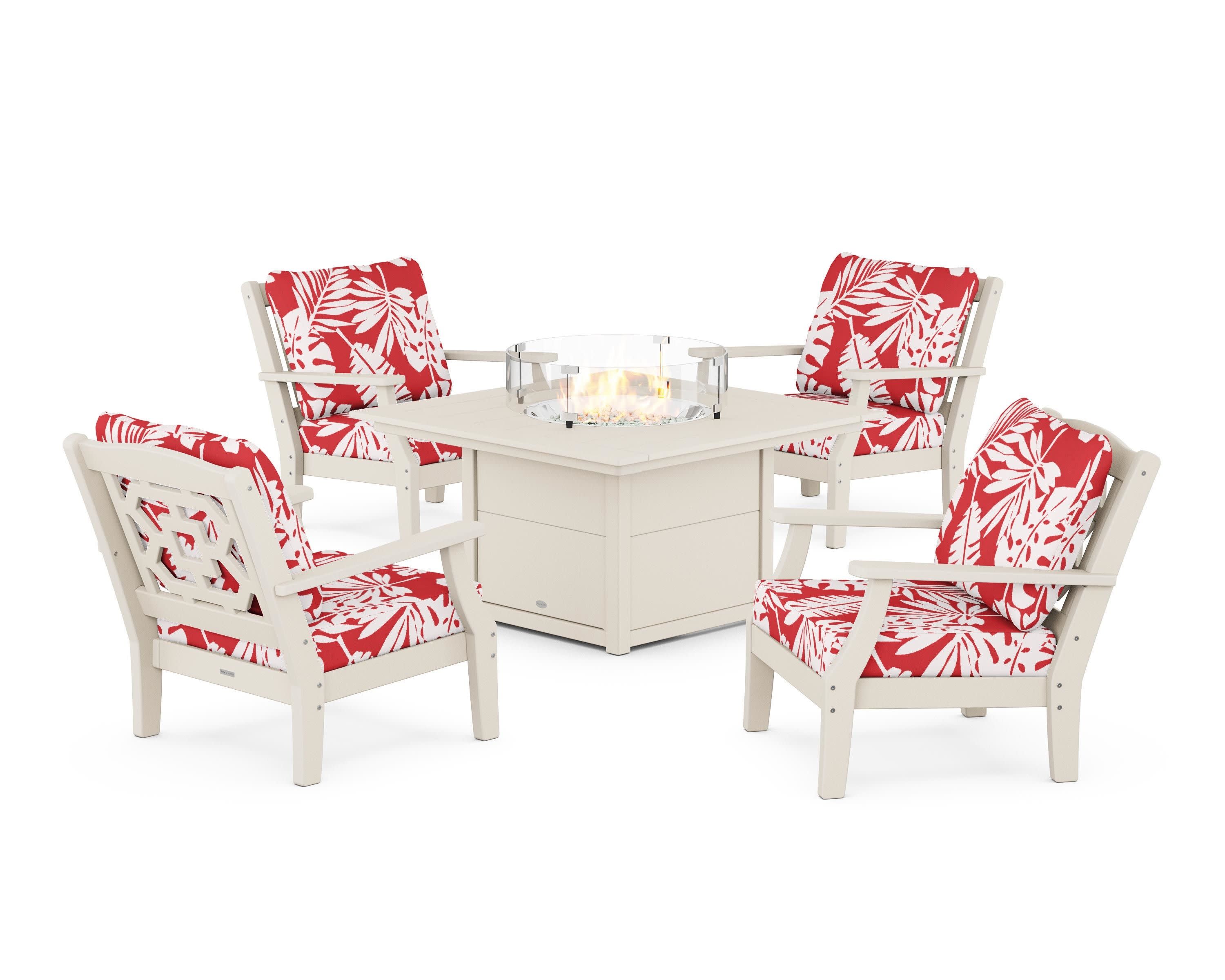 Chinoiserie 5-Piece Deep Seating Set with Fire Pit Table in Sand / Leaf Crimson