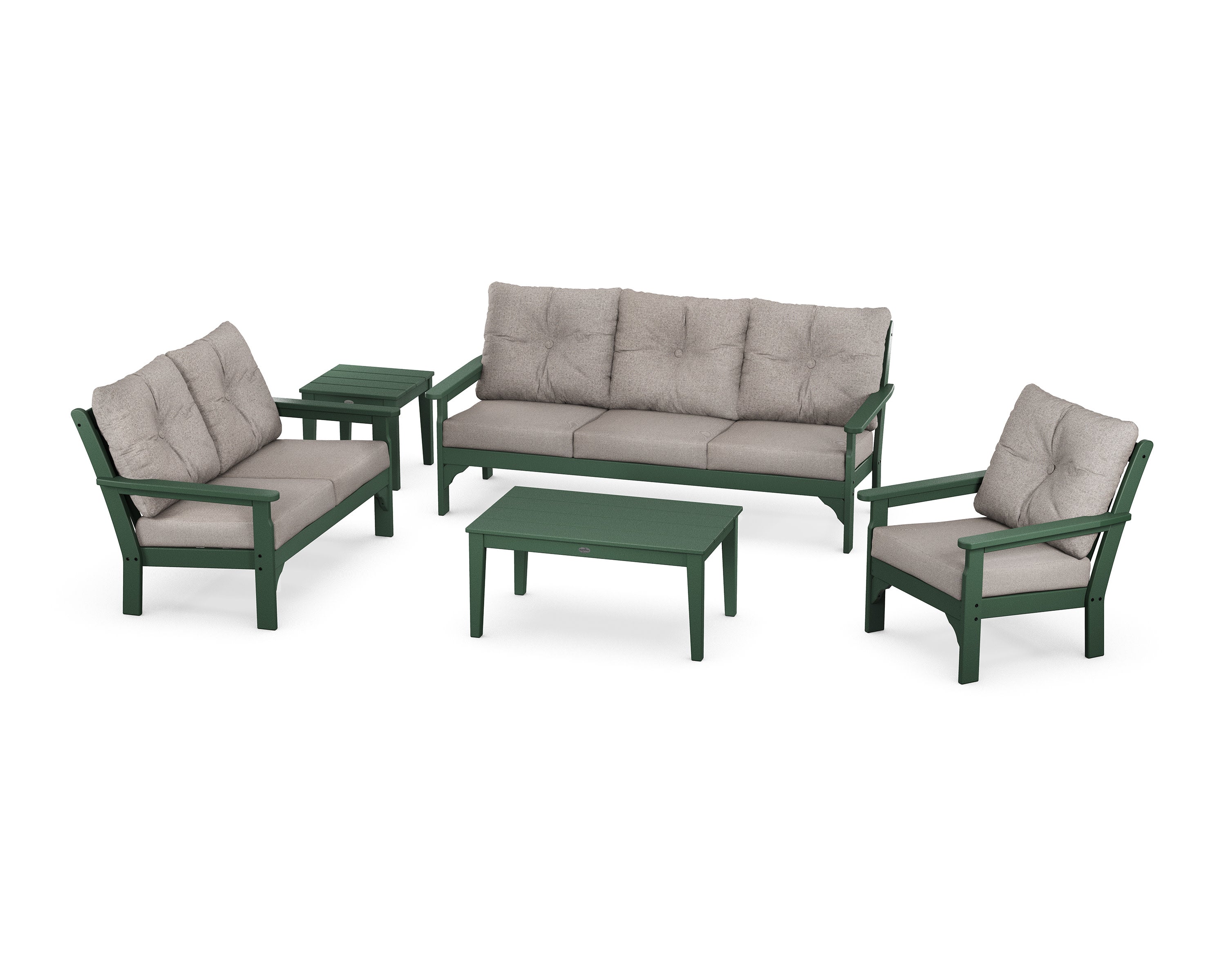Vineyard 5 Piece Deep Seating Set in Green / Weathered Tweed