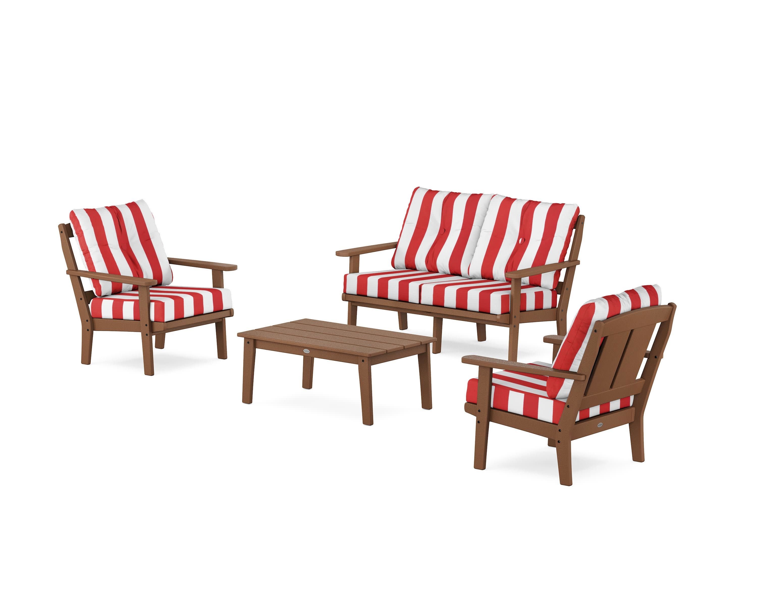 Mission 4-Piece Deep Seating Set with Loveseat in Teak / Cabana Stripe Crimson