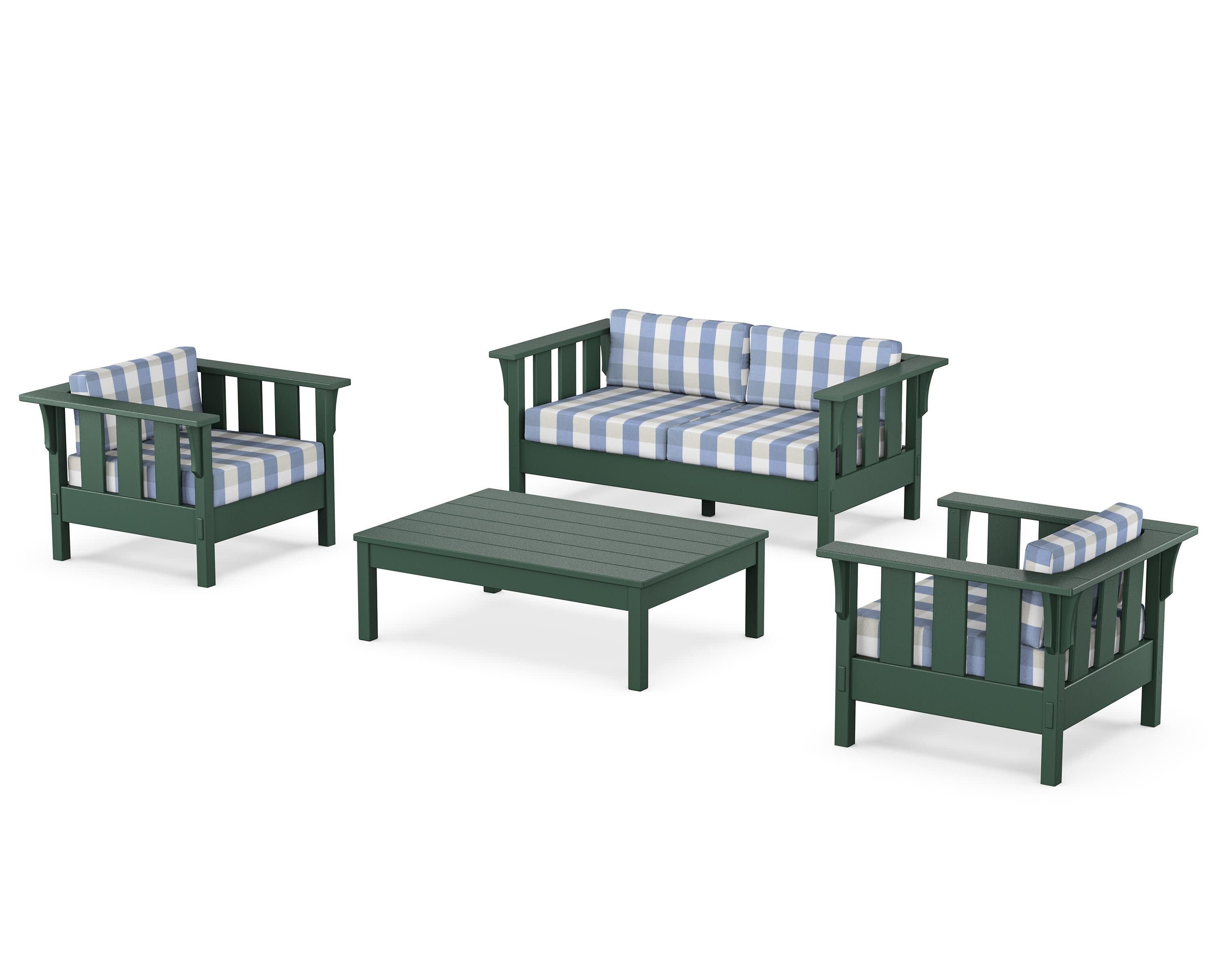 Acadia 4-Piece Deep Seating Set with Loveseat in Green / Buffalo Plaid Sky Blue