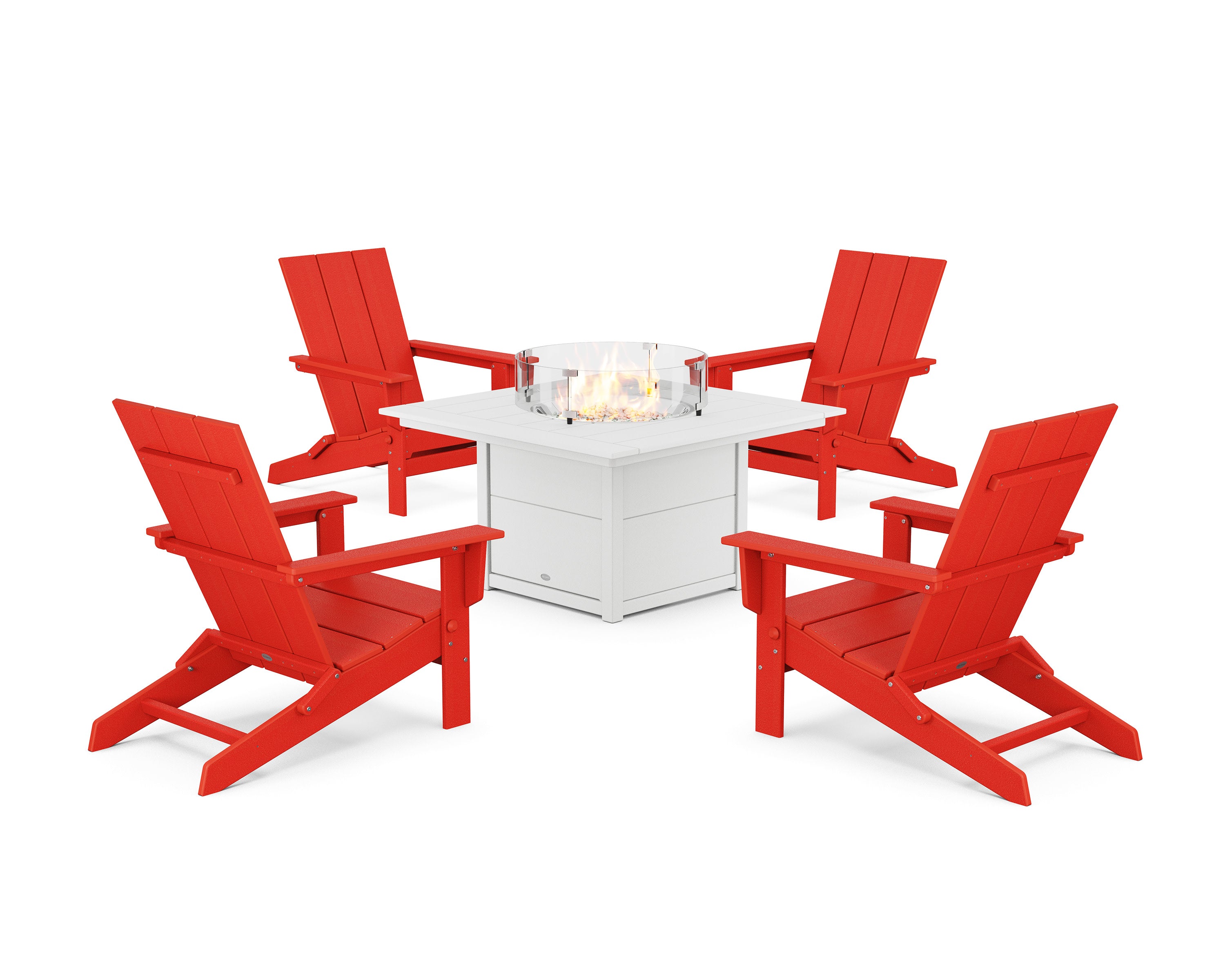 5-Piece Modern Studio Folding Adirondack Conversation Set with Fire Pit Table in Sunset Red / White