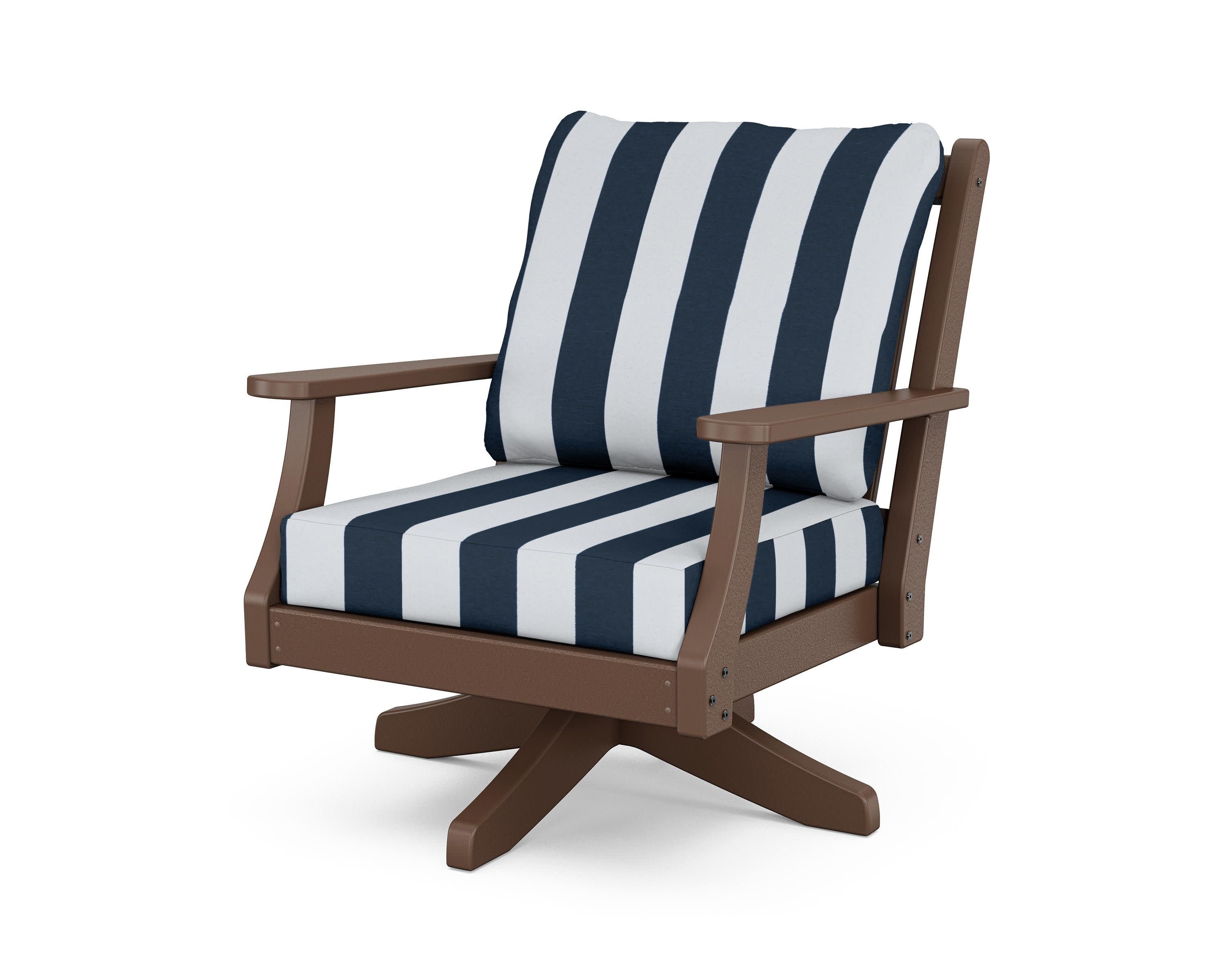 Wovendale Deep Seating Swivel Chair in Mahogany / Cabana Stripe Marine Indigo
