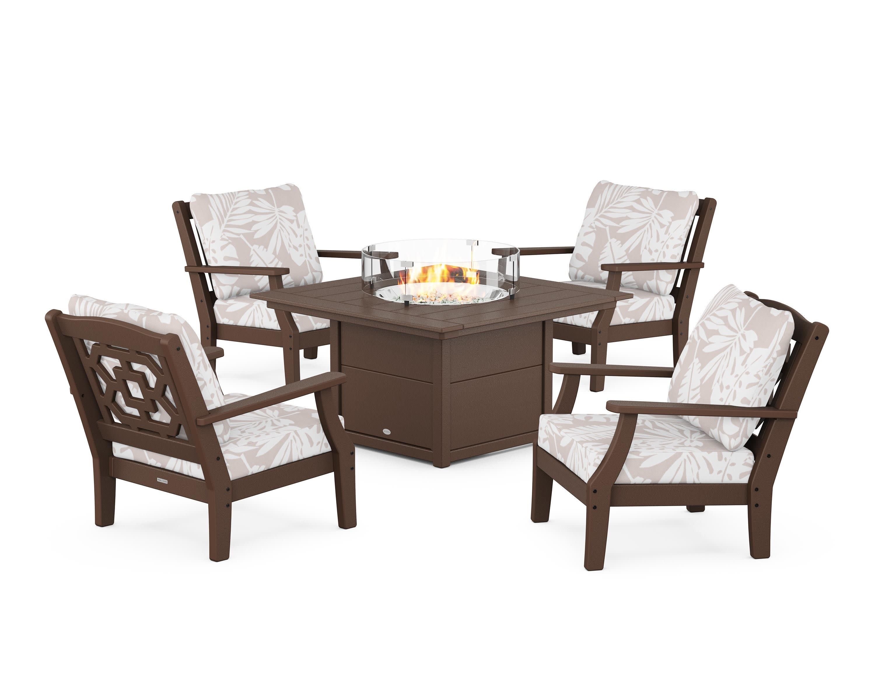 Chinoiserie 5-Piece Deep Seating Set with Fire Pit Table in Mahogany / Leaf Dune Burlap