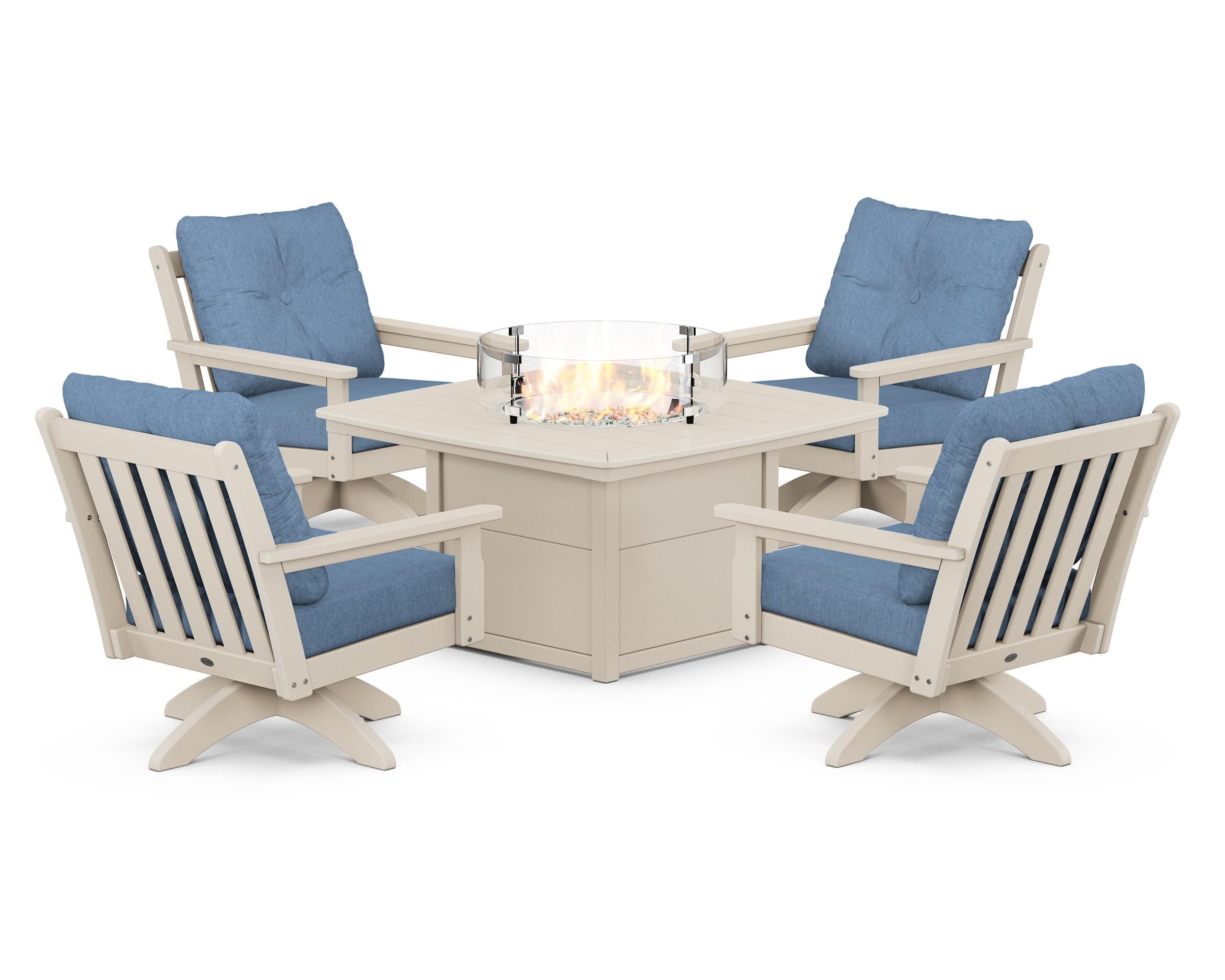 Vineyard 5-Piece Deep Seating Swivel Conversation Set with Fire Pit Table in Sand / Sky Blue
