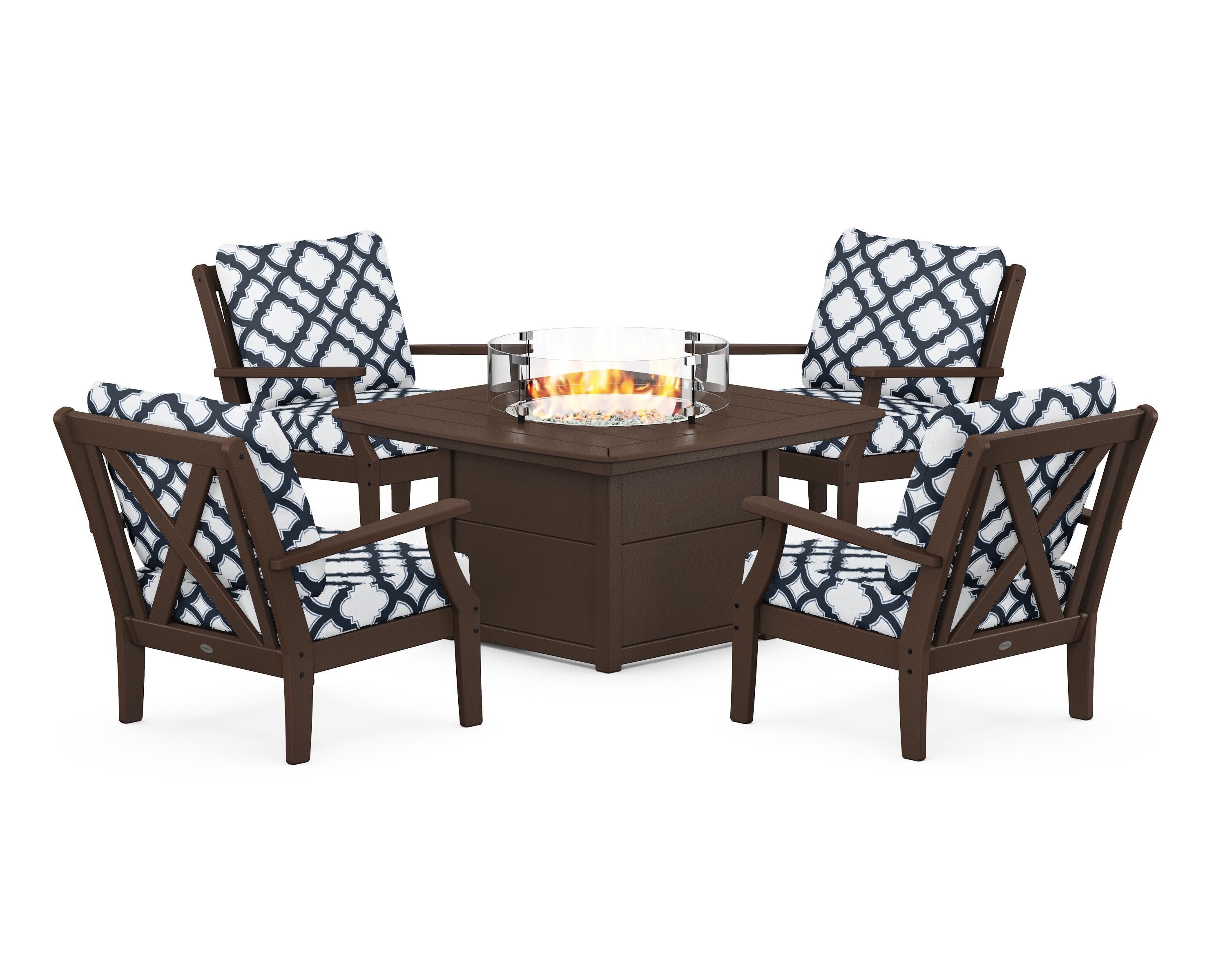 Braxton 5-Piece Deep Seating Conversation Set with Fire Pit Table in Mahogany / Trellis Marine Indigo