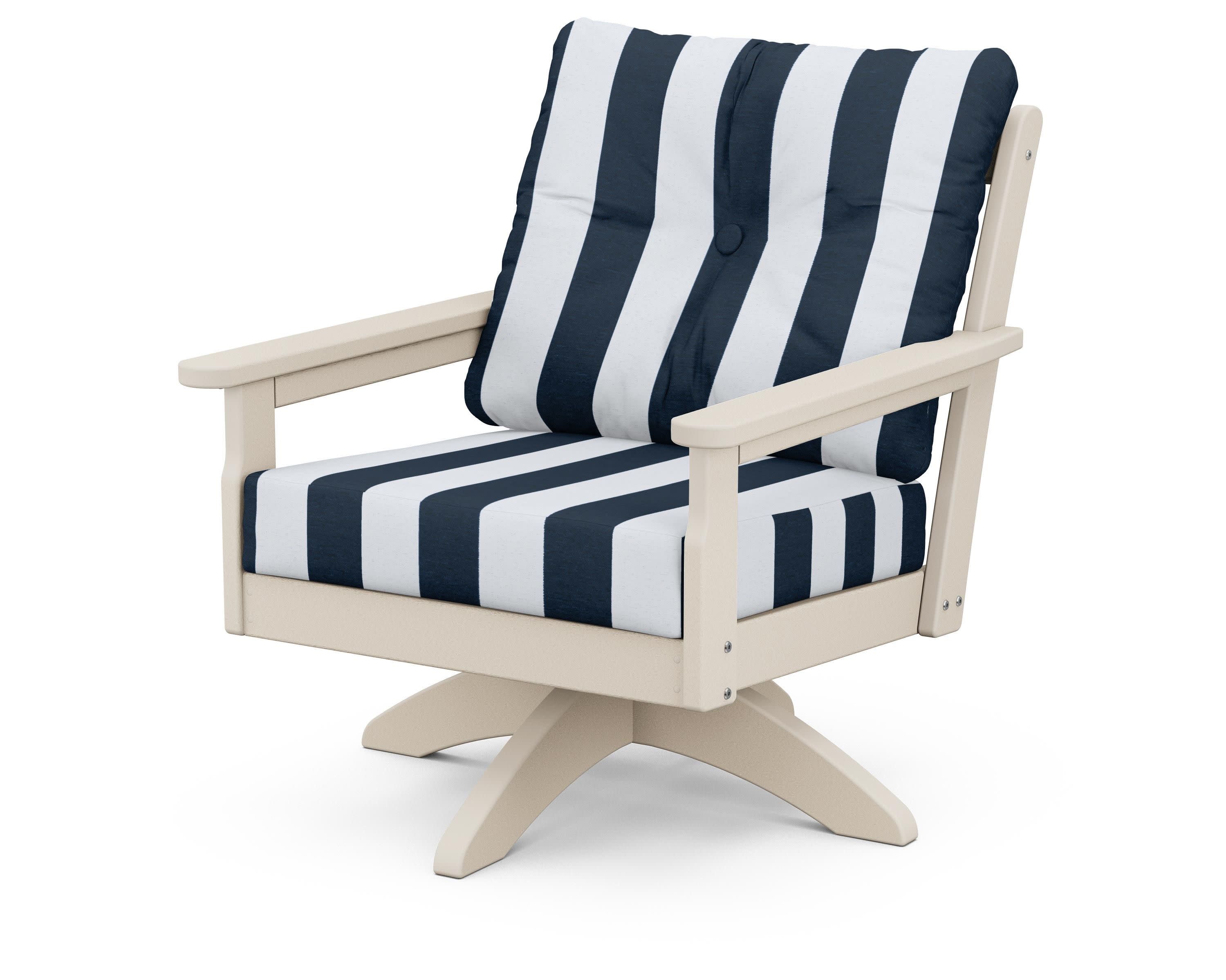 Vineyard Deep Seating Swivel Chair in Sand / Cabana Stripe Marine Indigo