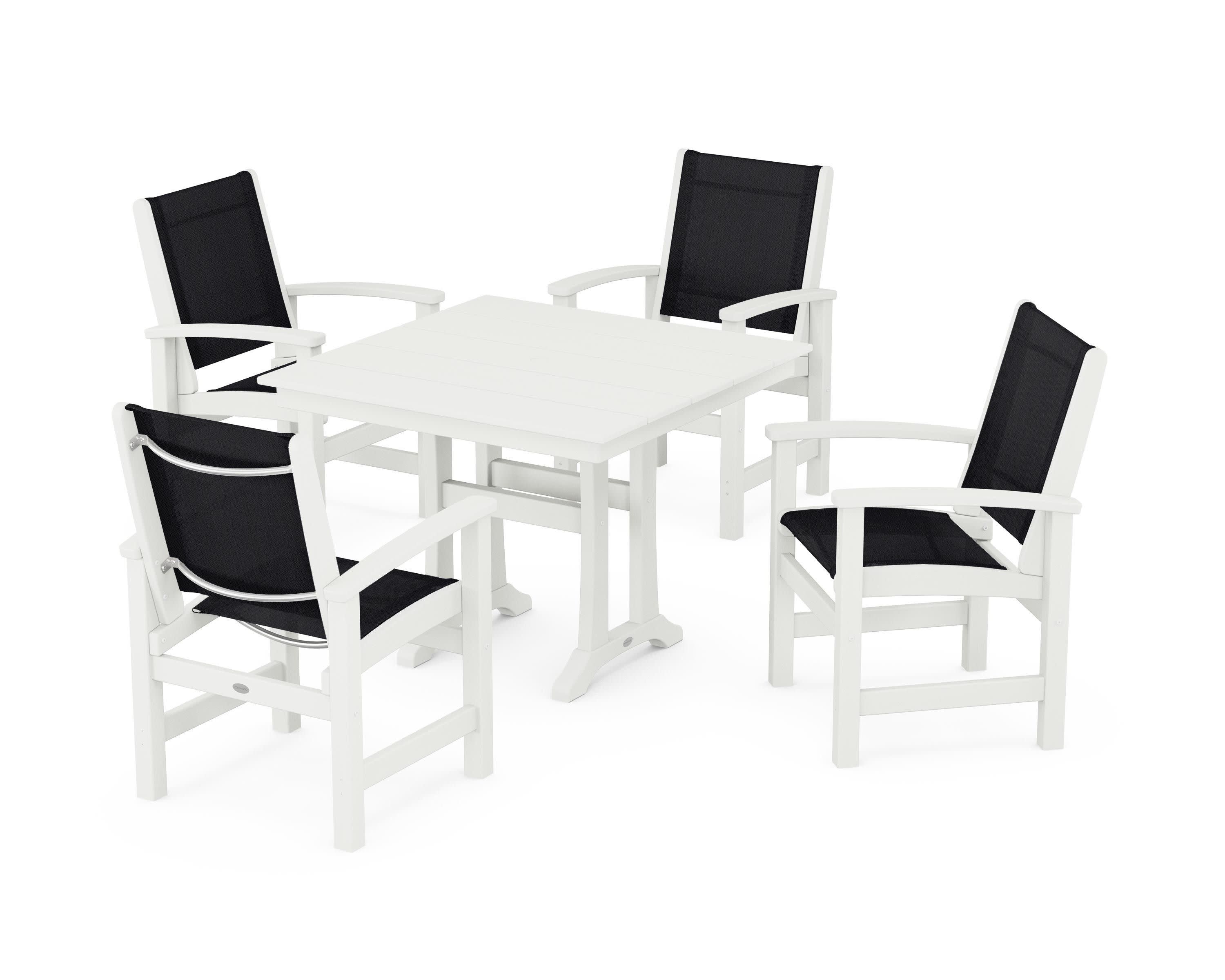 Coastal 5-Piece Farmhouse Dining Set With Trestle Legs in Vintage White / Black Sling