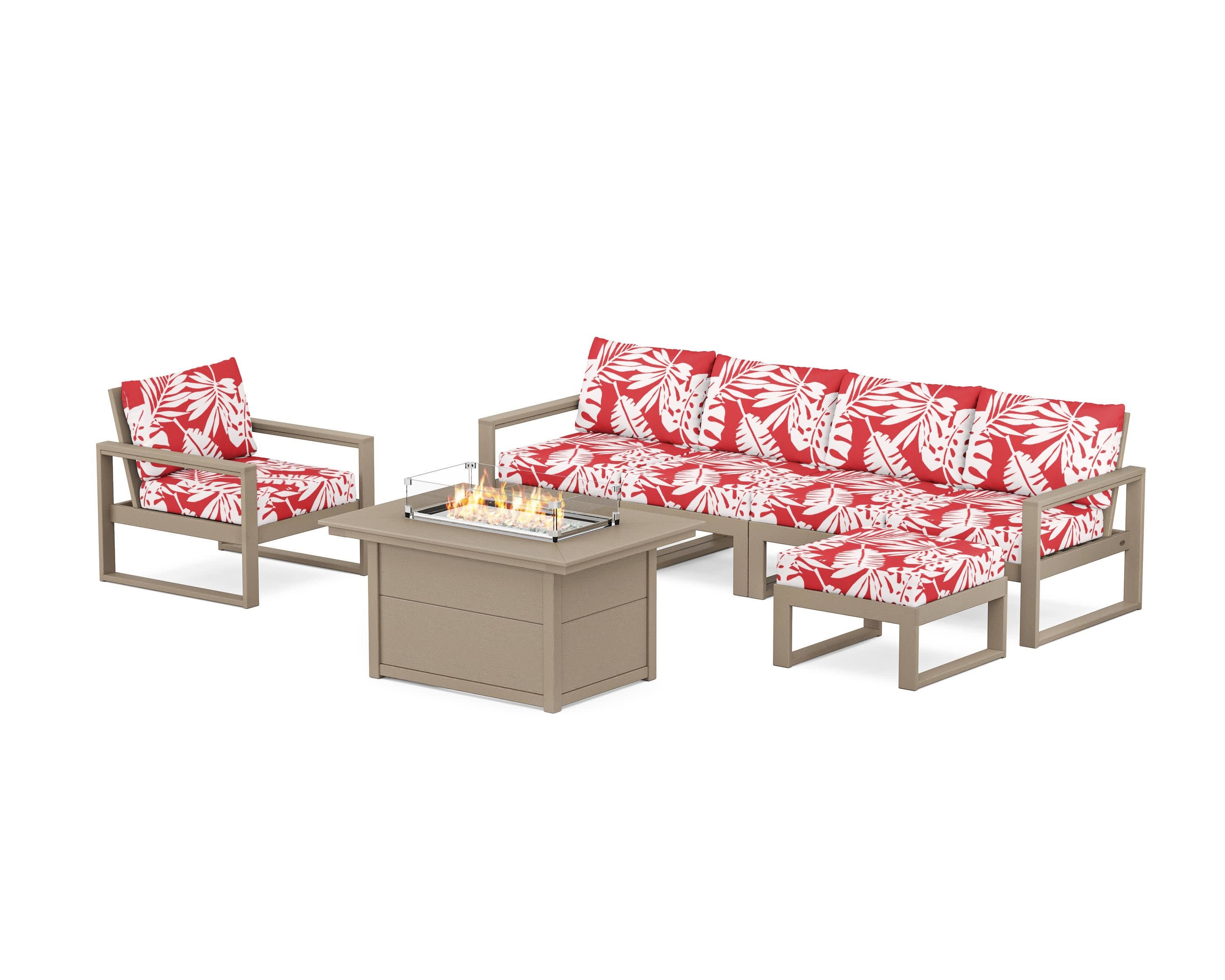 EDGE Sectional Lounge and Fire Pit Set in Vintage Sahara / Leaf Crimson