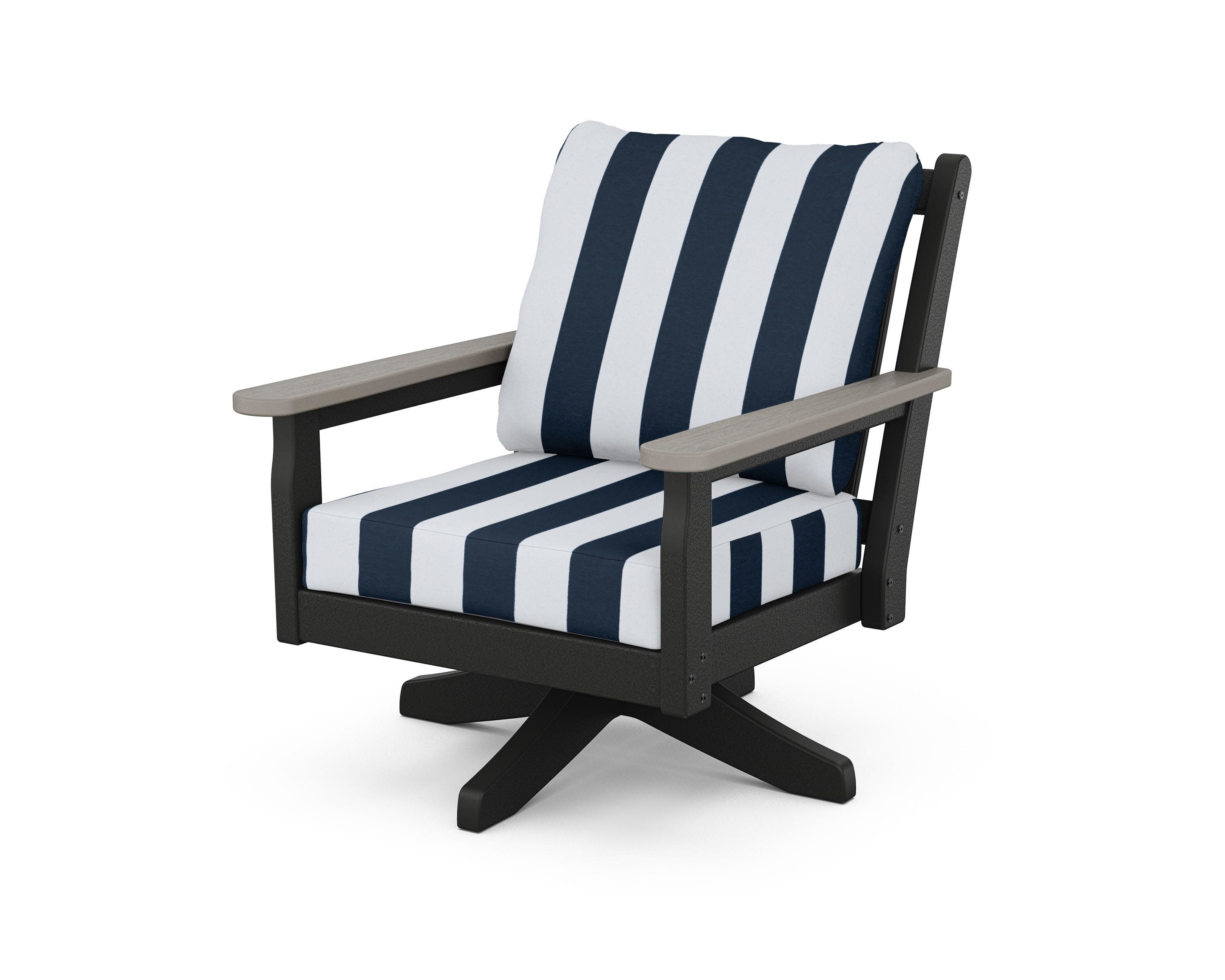 Chippendale Deep Seating Swivel Chair in Black / Driftwood / Cabana Stripe Marine Indigo