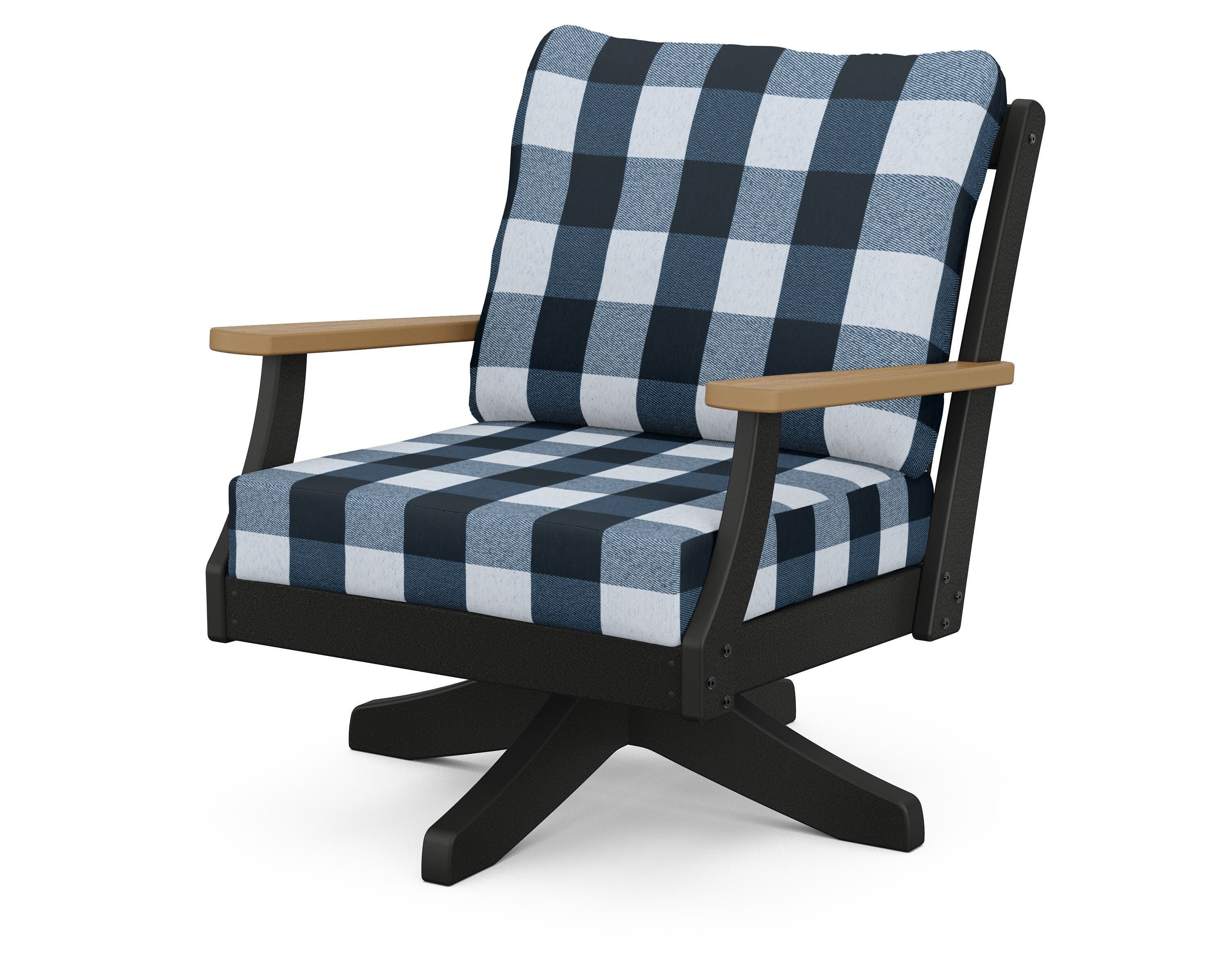 Braxton Deep Seating Swivel Chair in Black / Natural / Buffalo Plaid Marine Indigo