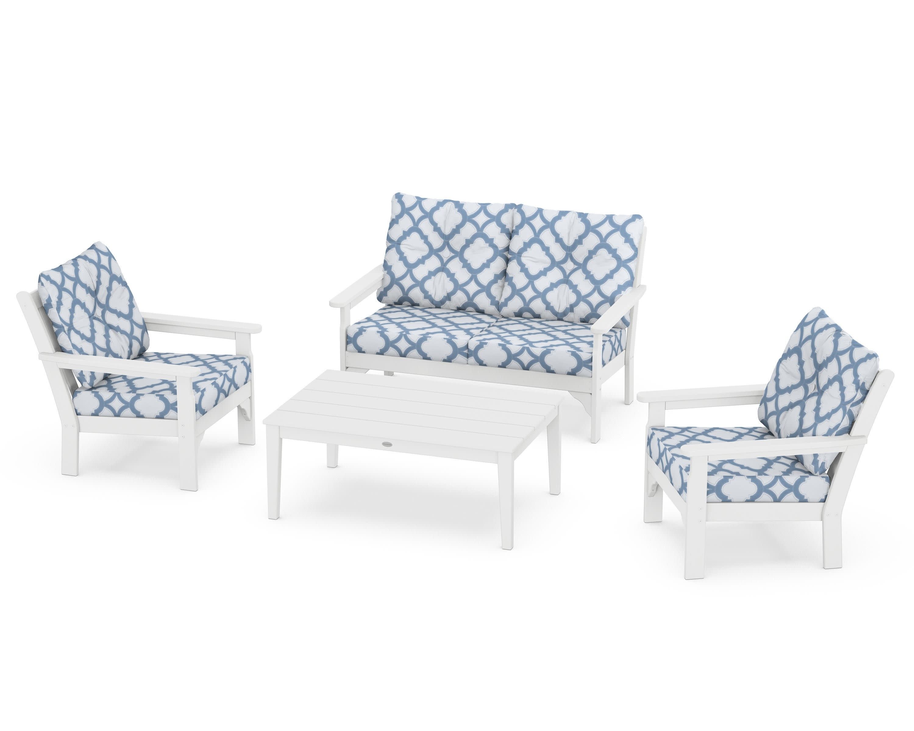 Vineyard 4-Piece Deep Seating Set in White / Trellis Sky Blue