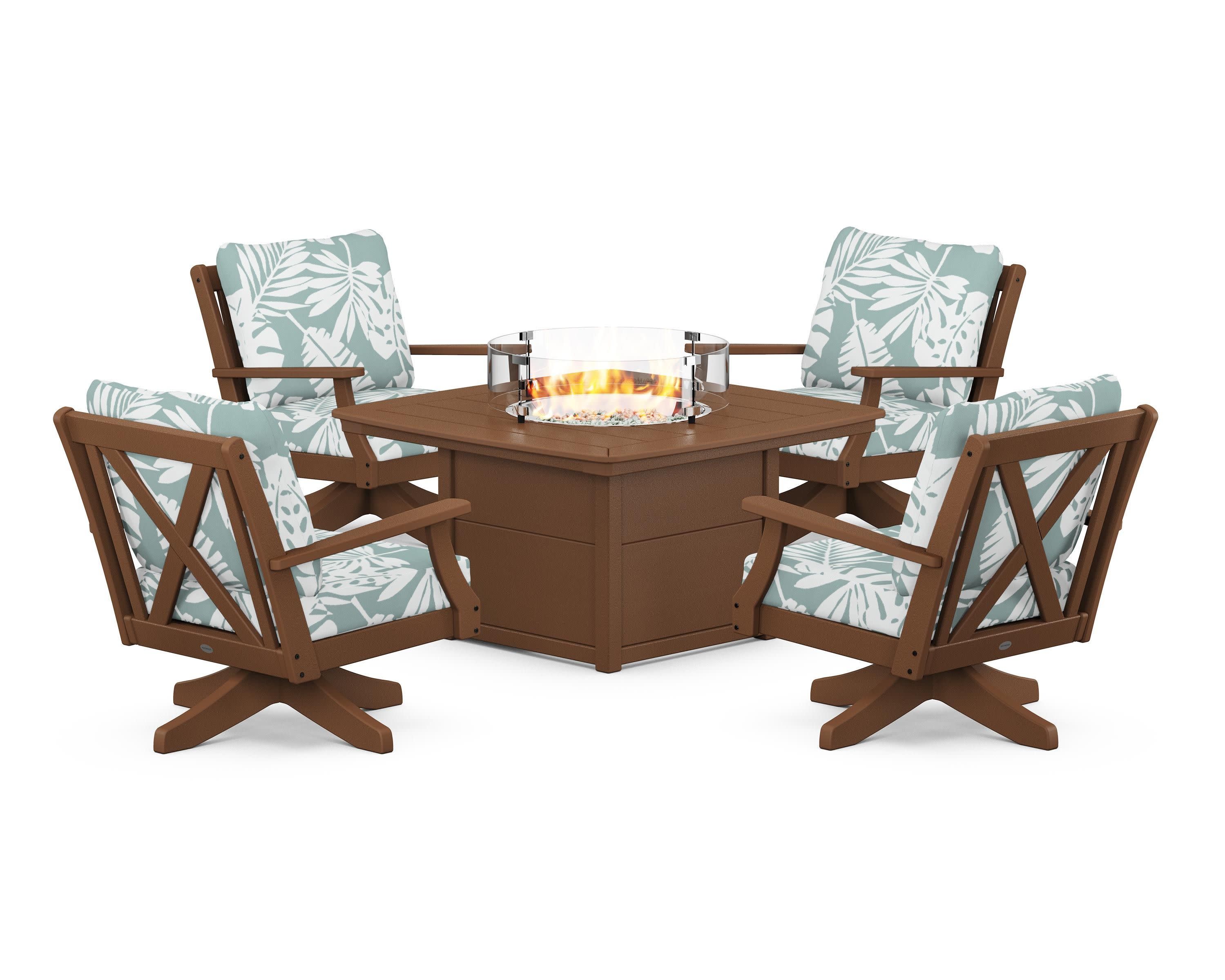 Braxton 5-Piece Deep Seating Swivel Conversation Set with Fire Pit Table in Teak / Leaf Glacier Spa