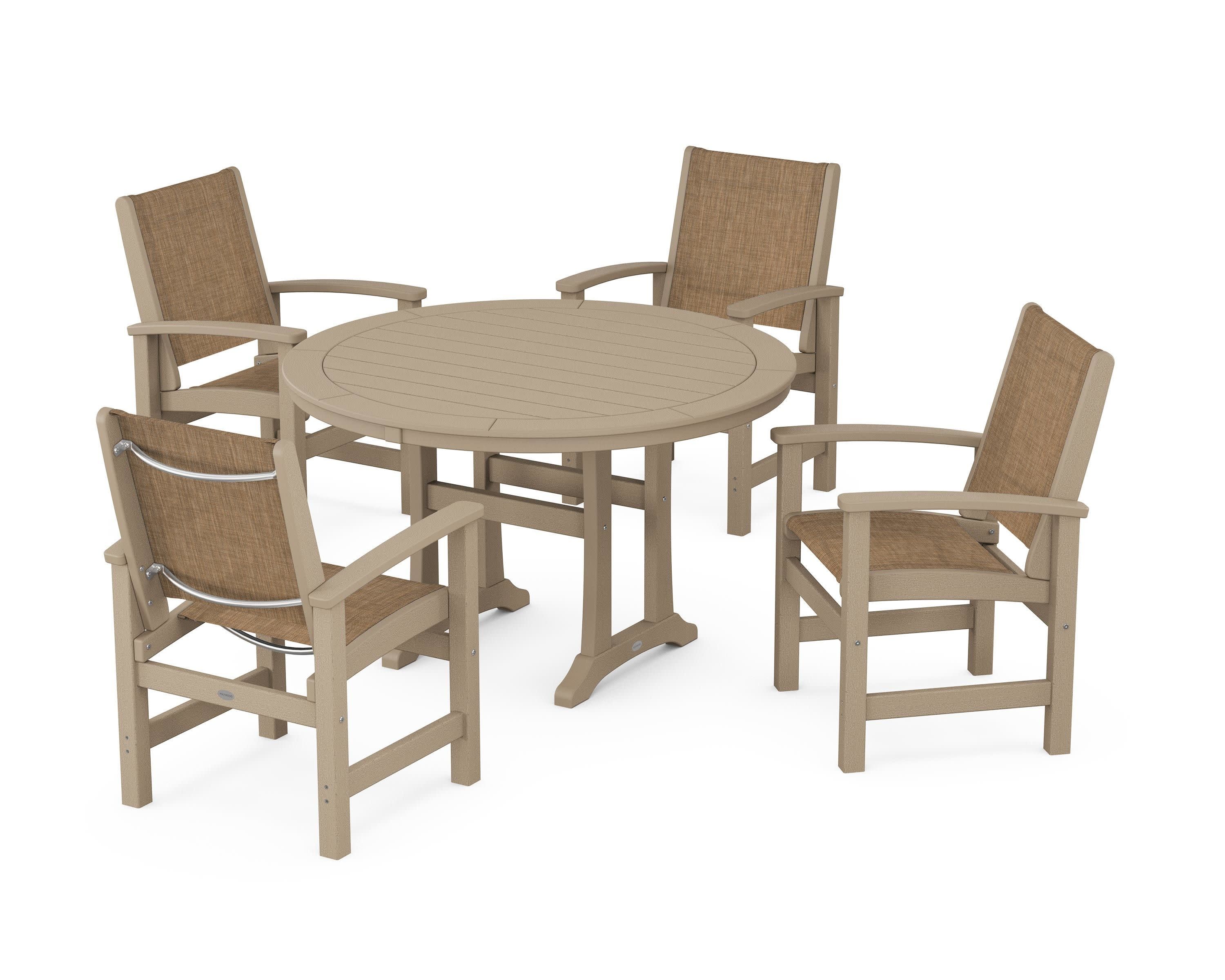 Coastal 5-Piece Round Dining Set with Trestle Legs in Vintage Sahara / Burlap Sling