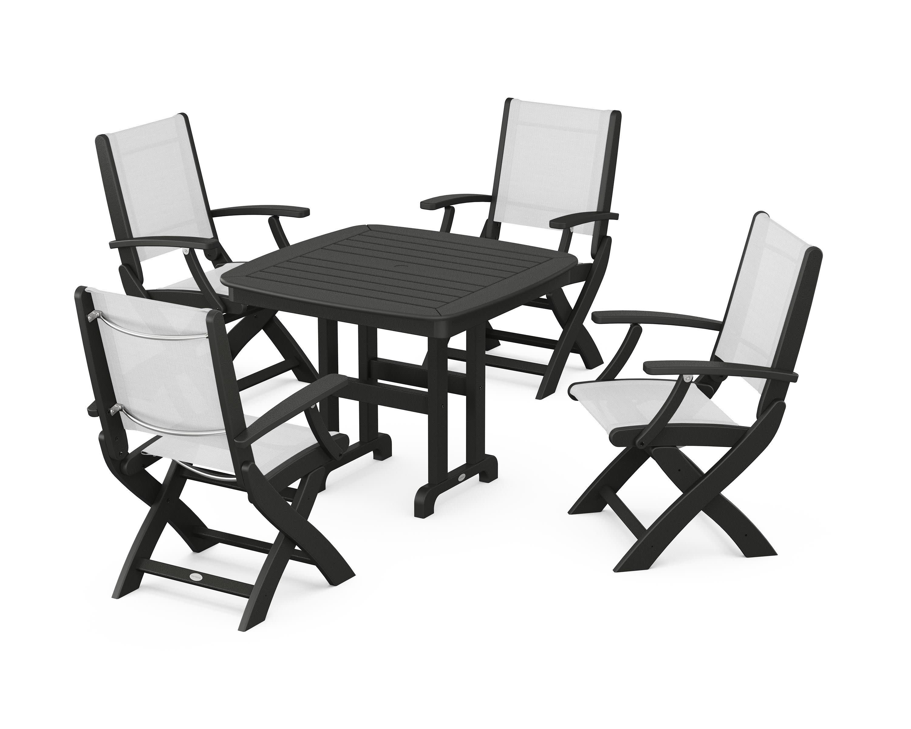 Coastal Folding Chair 5-Piece Dining Set in Black / White Sling