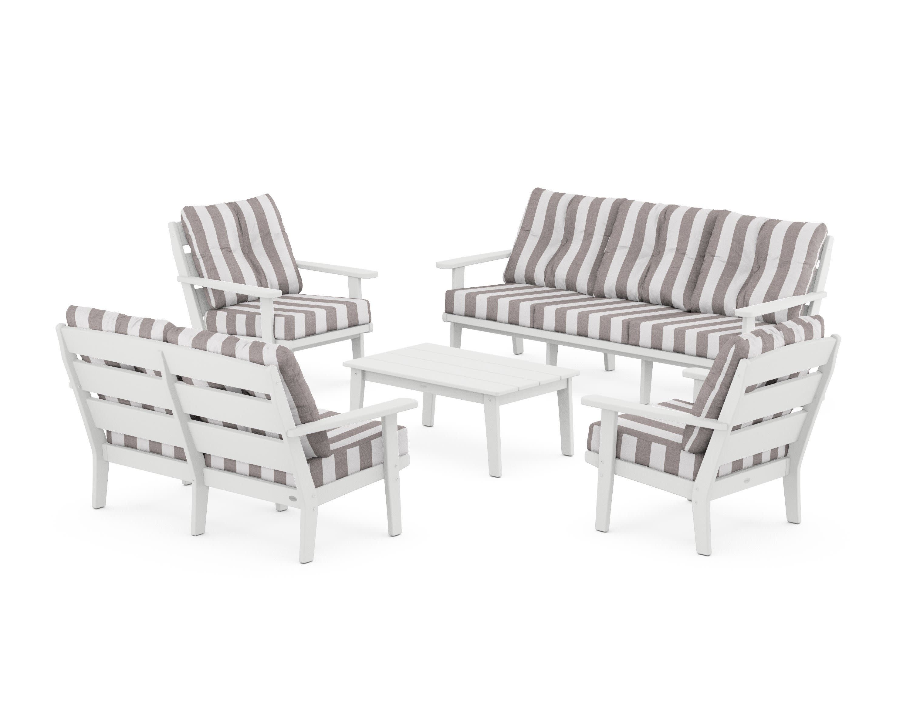 Lakeside 5-Piece Lounge Sofa Set in White / Cabana Stripe Grey Mist