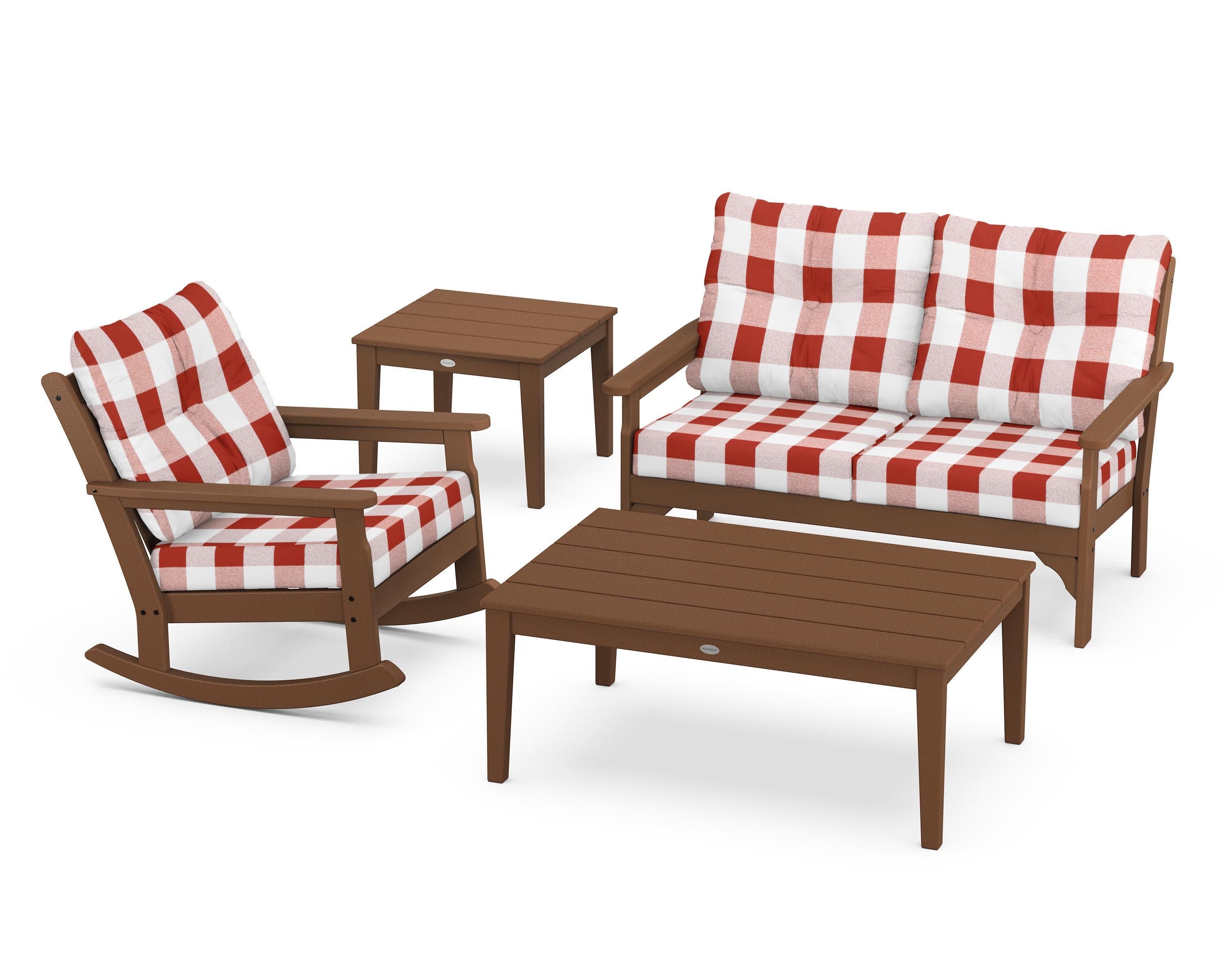 Vineyard 4-Piece Deep Seating Rocker Set in Teak / Buffalo Plaid Crimson
