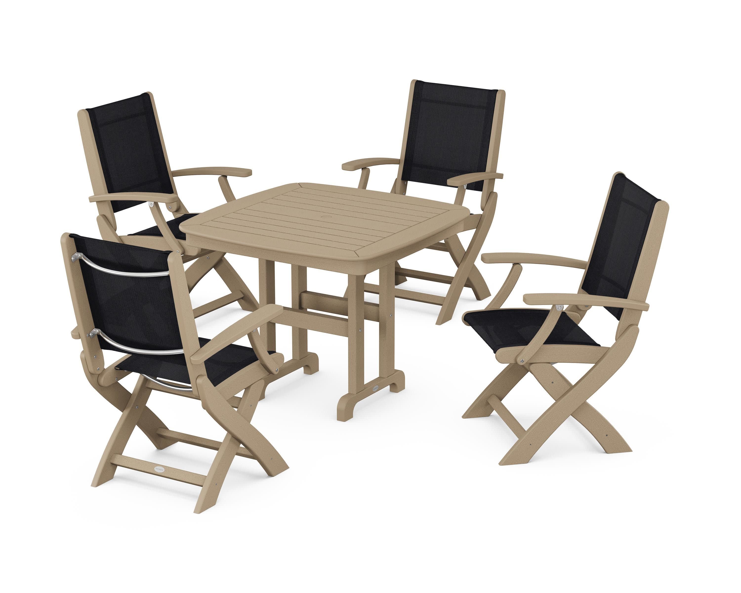Coastal Folding Chair 5-Piece Dining Set in Vintage Sahara / Black Sling