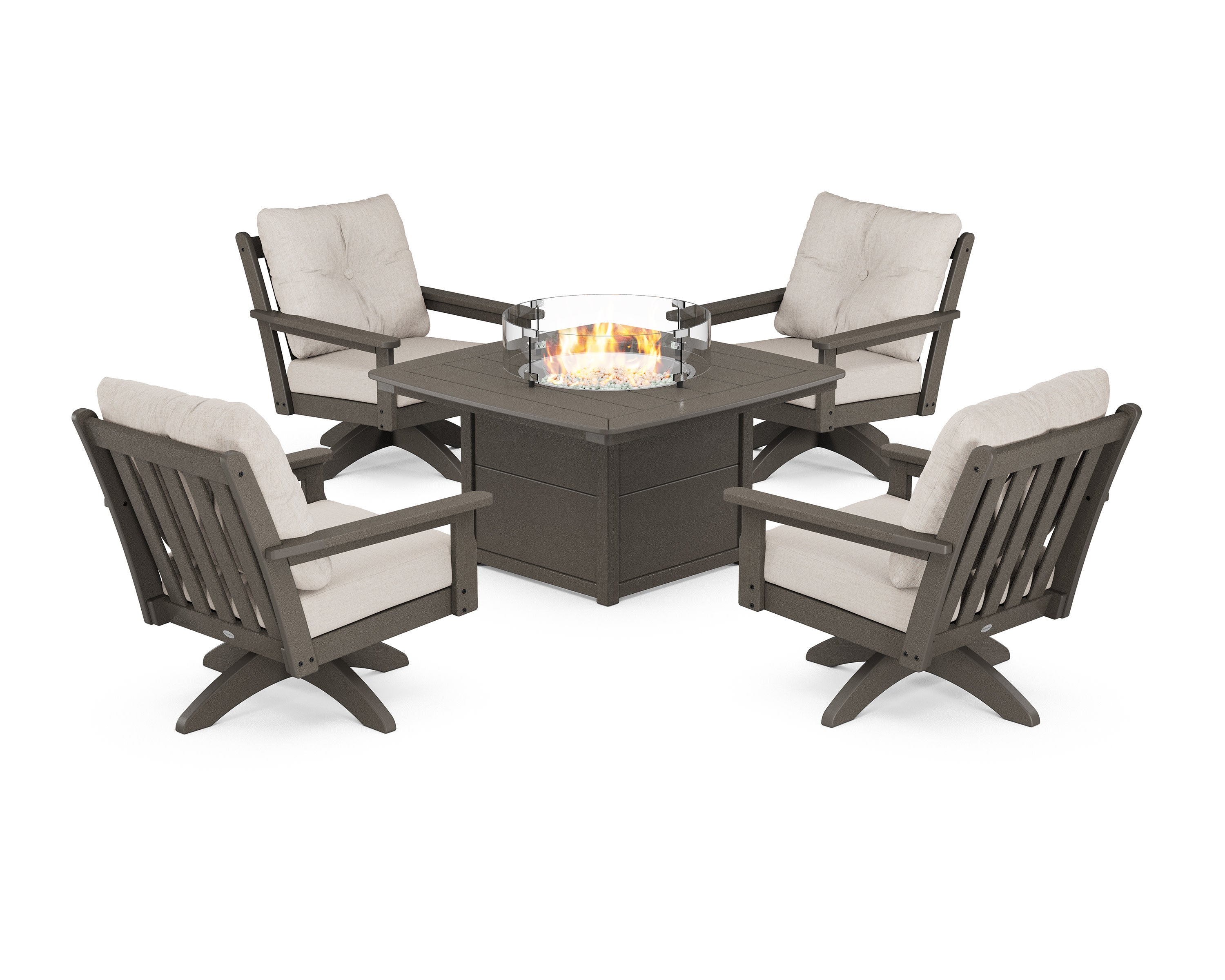 Vineyard 5-Piece Deep Seating Swivel Conversation Set with Fire Pit Table in Vintage Coffee / Cast Ash