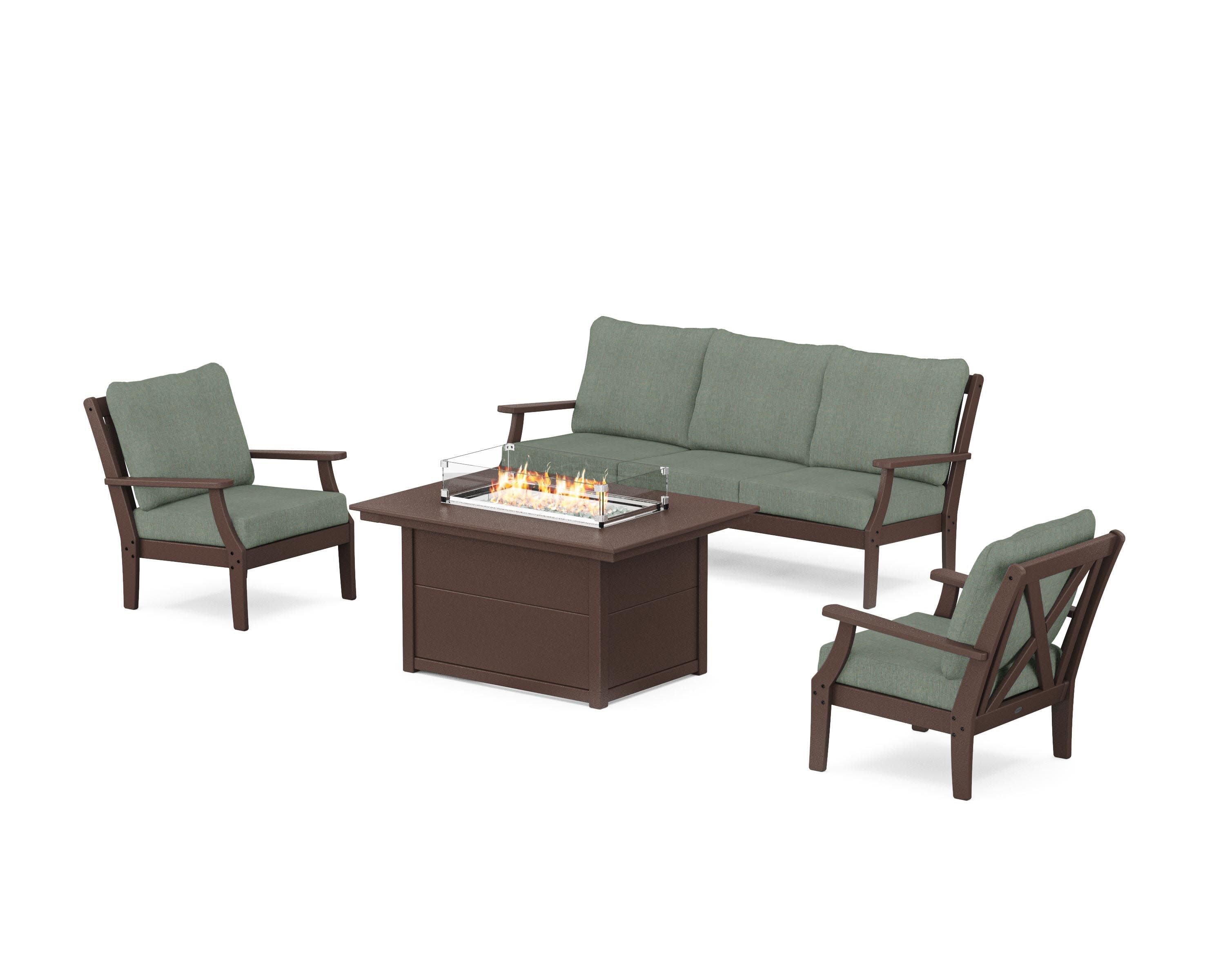 Braxton Deep Seating Fire Pit Table Set in Mahogany / Cast Sage