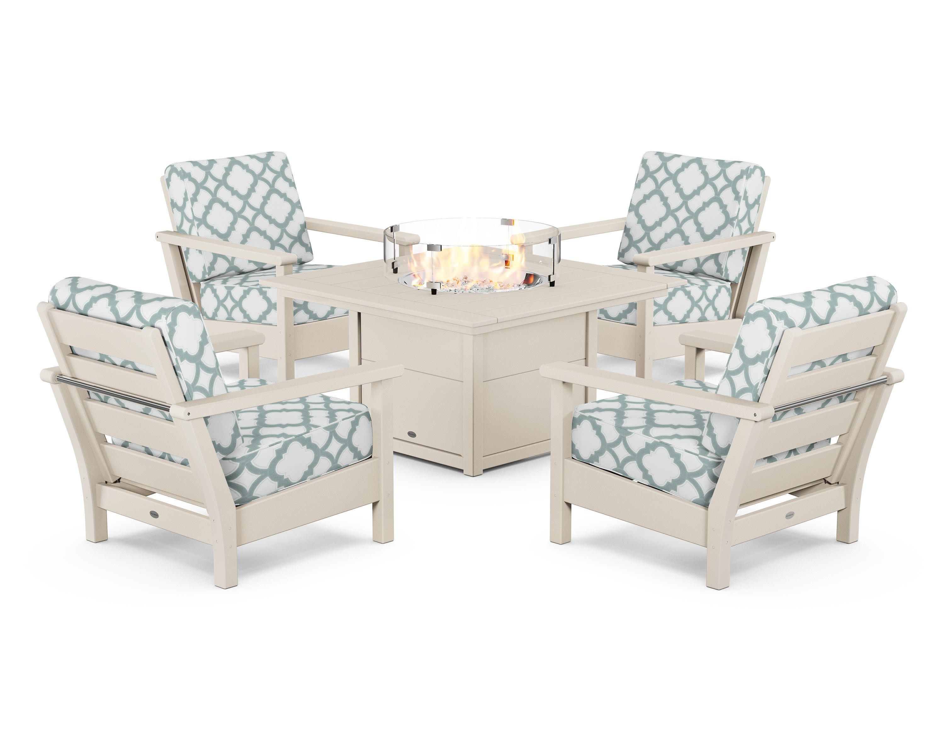Harbour 5-Piece Conversation Set with Fire Pit Table in Sand / Trellis Glacier Spa