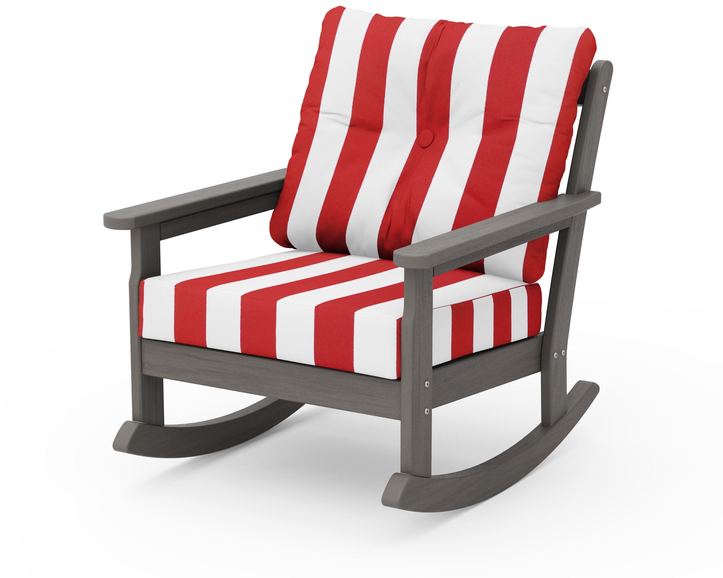 Vineyard Deep Seating Rocking Chair in Driftwood / Cabana Stripe Crimson