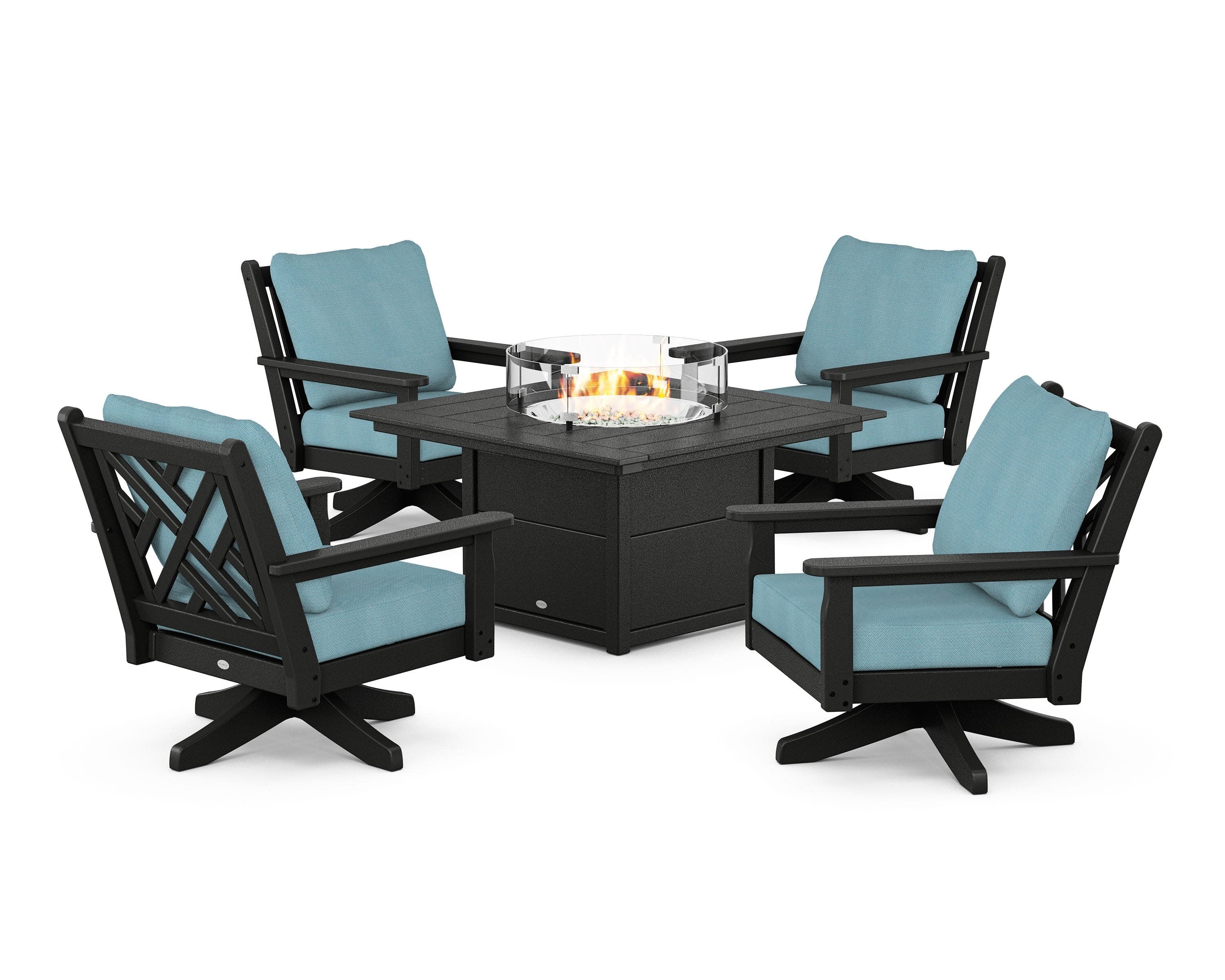 Chippendale 5-Piece Deep Seating Swivel Conversation Set with Fire Pit Table in Black / Lattice Sky Blue
