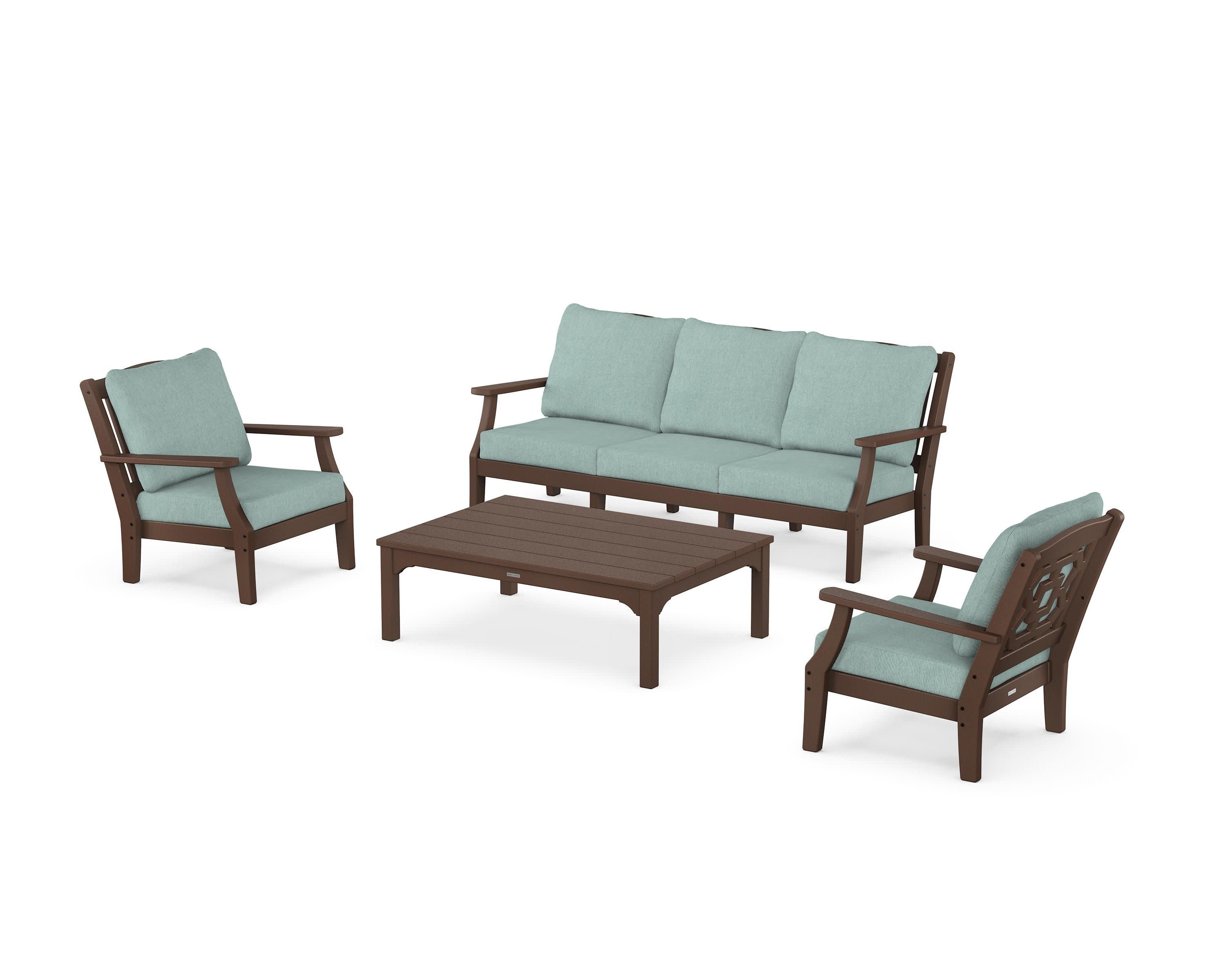 Chinoiserie 4-Piece Deep Seating Set with Sofa in Mahogany / Glacier Spa
