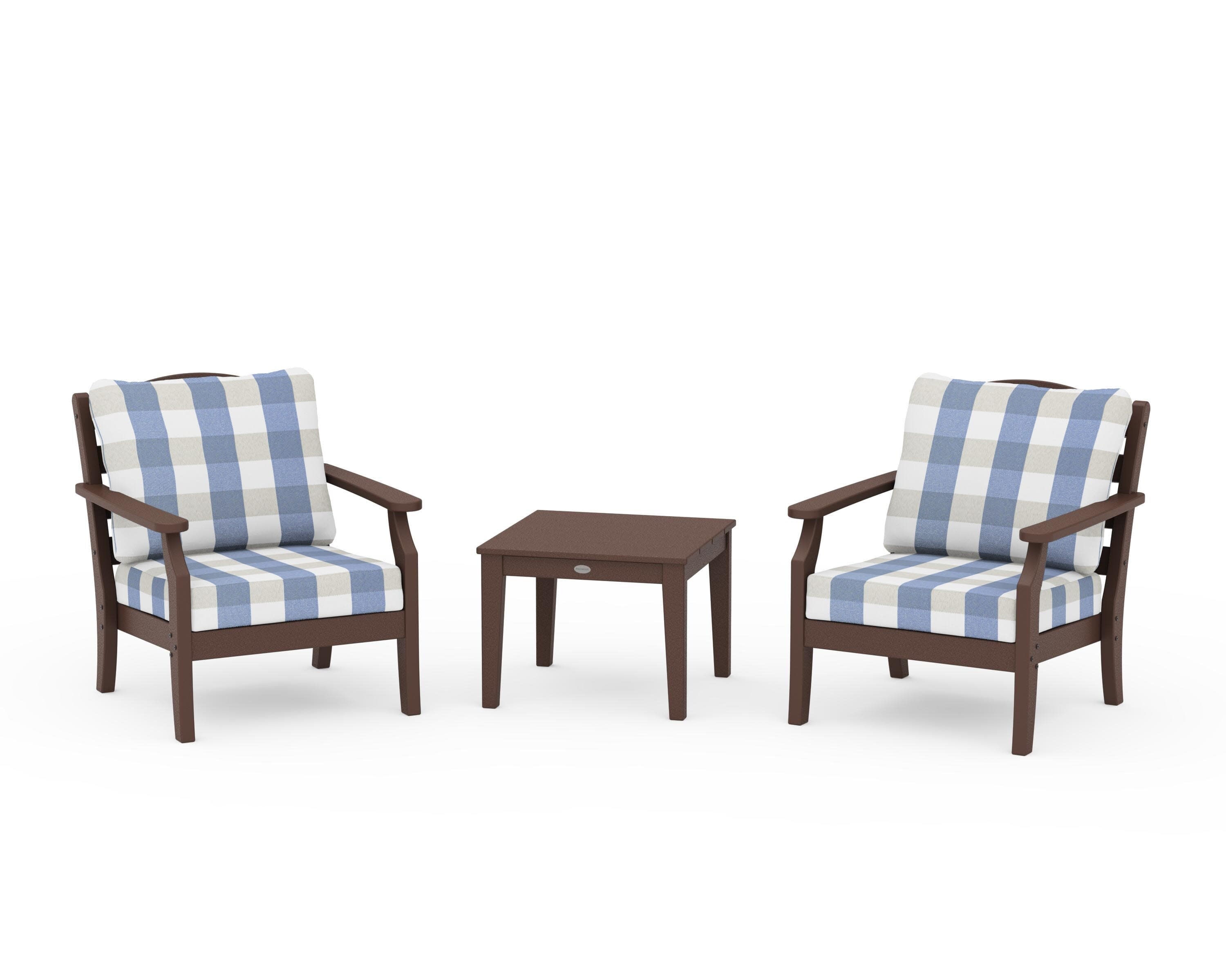 Savannah 3-Piece Deep Seating Set in Mahogany / Buffalo Plaid Sky Blue