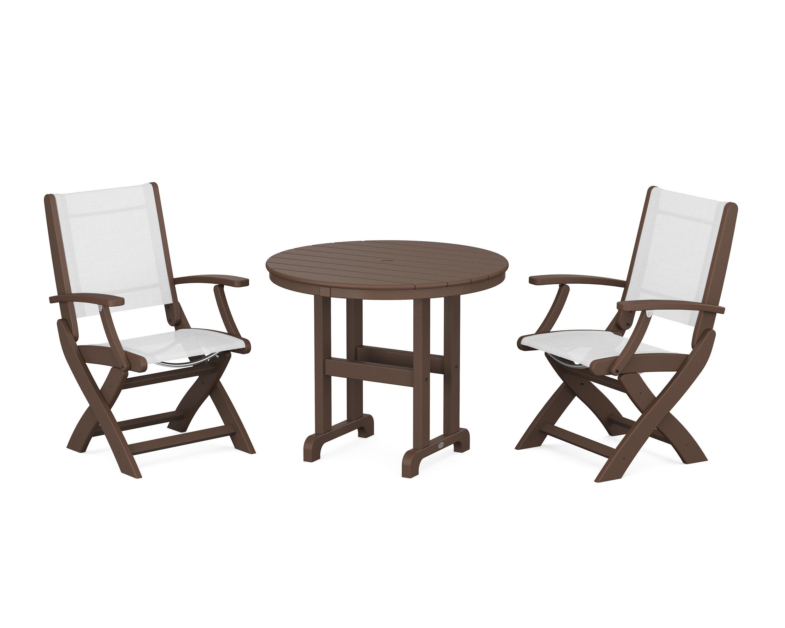 Coastal Folding Chair 3-Piece Round Dining Set in Mahogany / White Sling