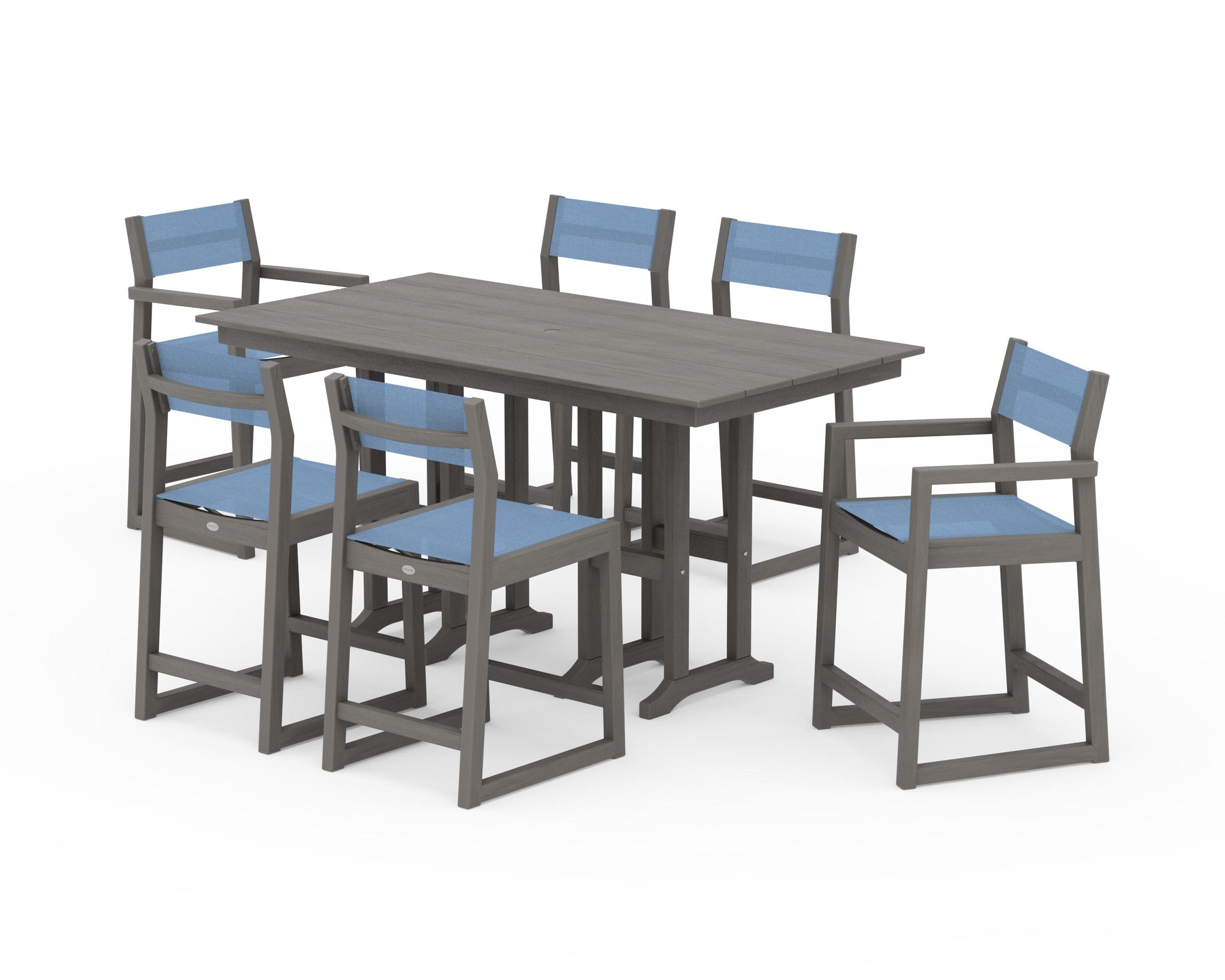 EDGE Sling 7-Piece Farmhouse Counter Set with Trestle Legs in Driftwood / Poolside Sling