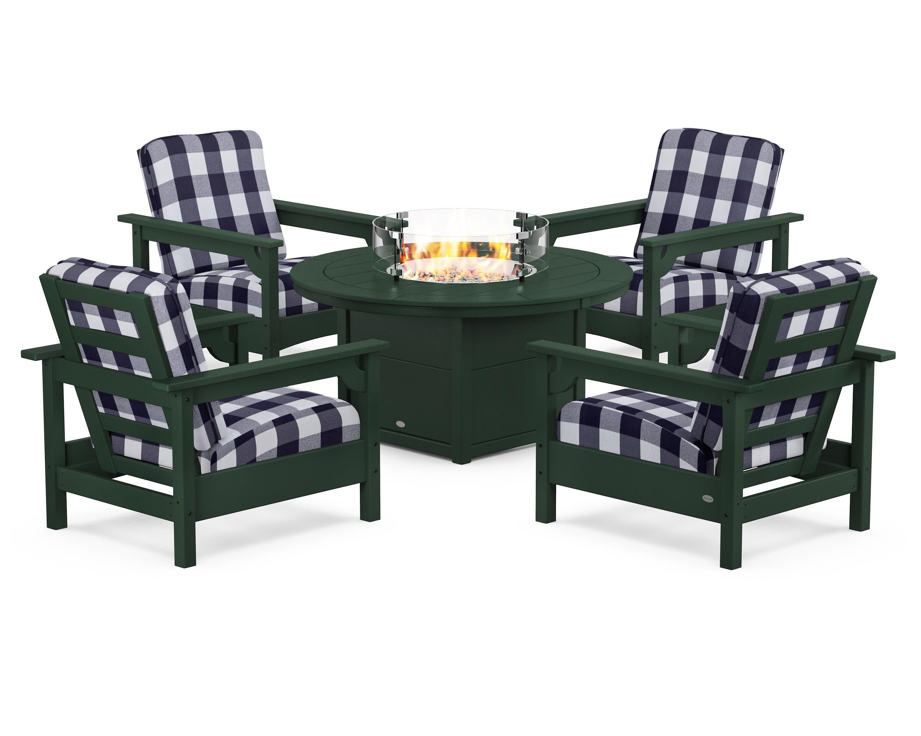 Club 5-Piece Conversation Set with Fire Pit Table in Green / Buffalo Plaid Navy