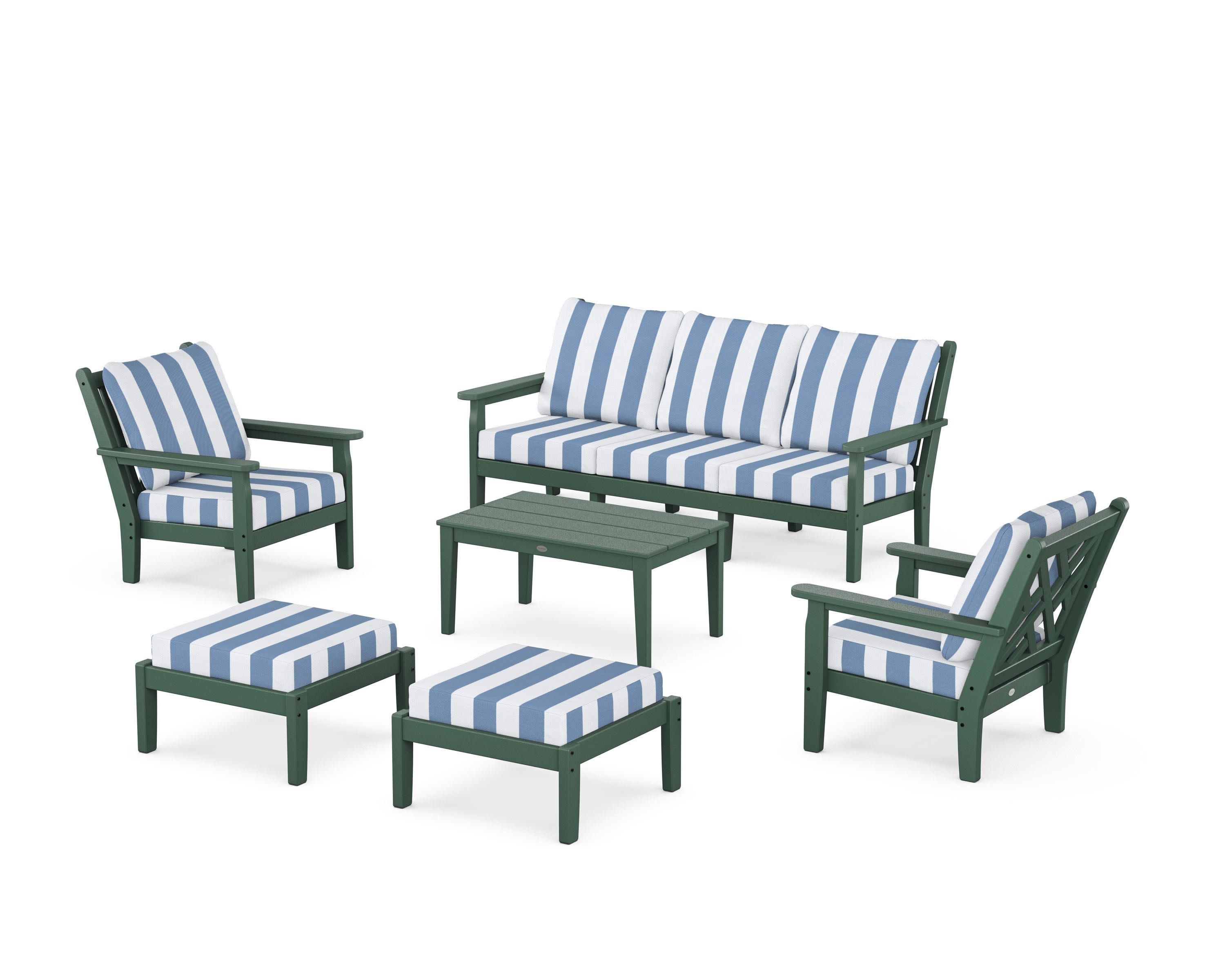 Chippendale 6-Piece Lounge Sofa Set in Green / Cabana Stripe Sky Blue