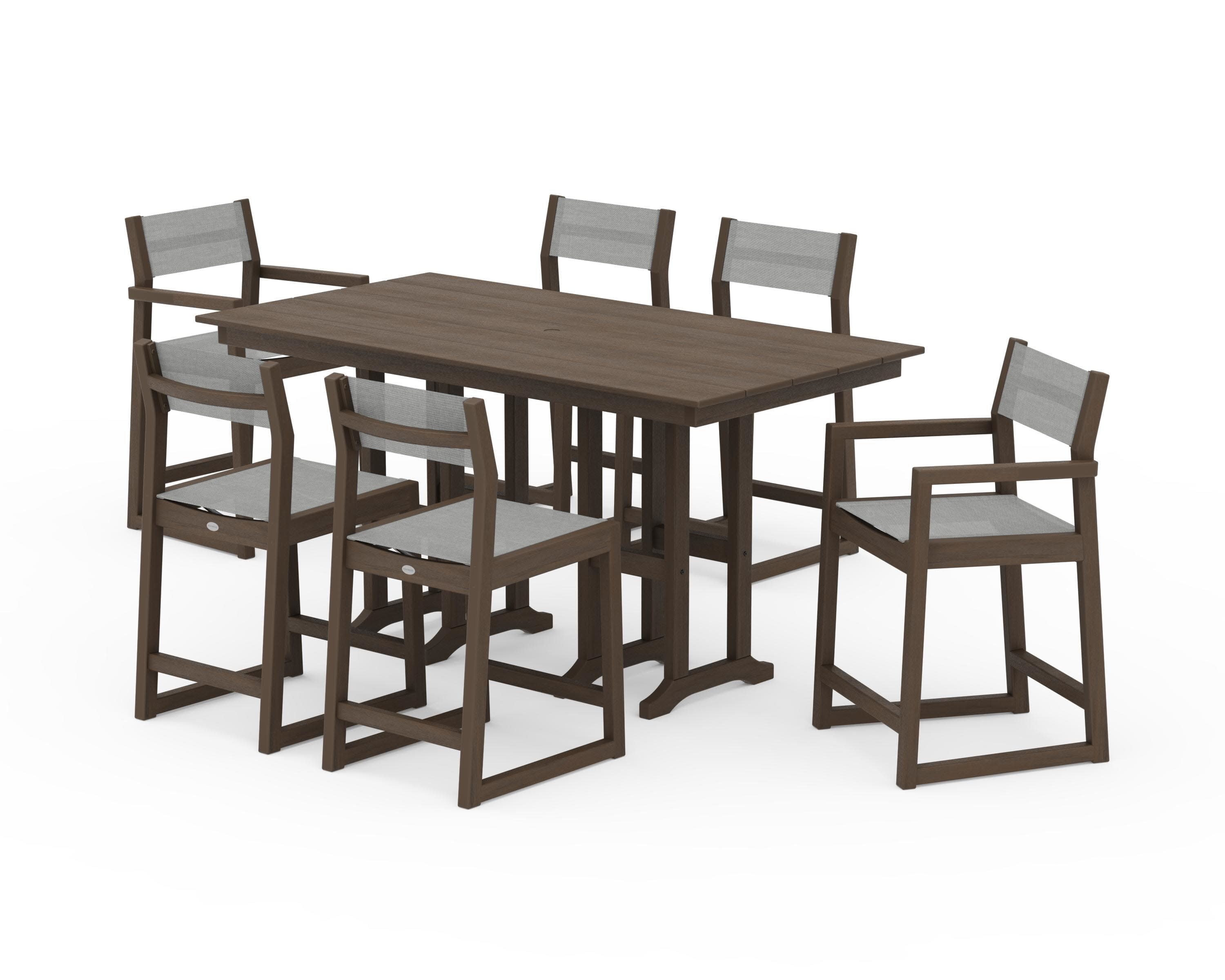 EDGE Sling 7-Piece Farmhouse Counter Set with Trestle Legs in Kona / Metallic Sling