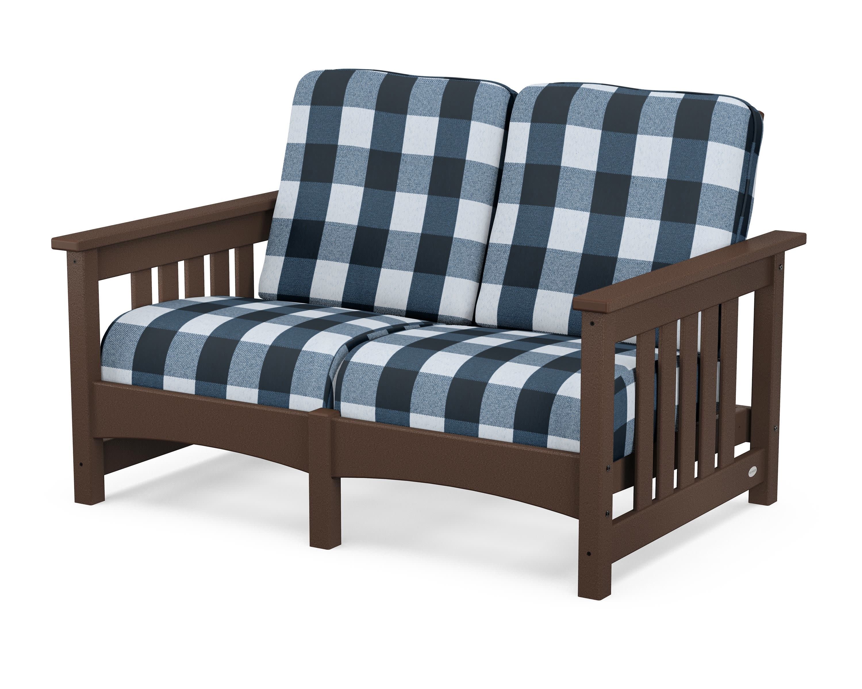 Club Mission Loveseat in Mahogany / Buffalo Plaid Marine Indigo