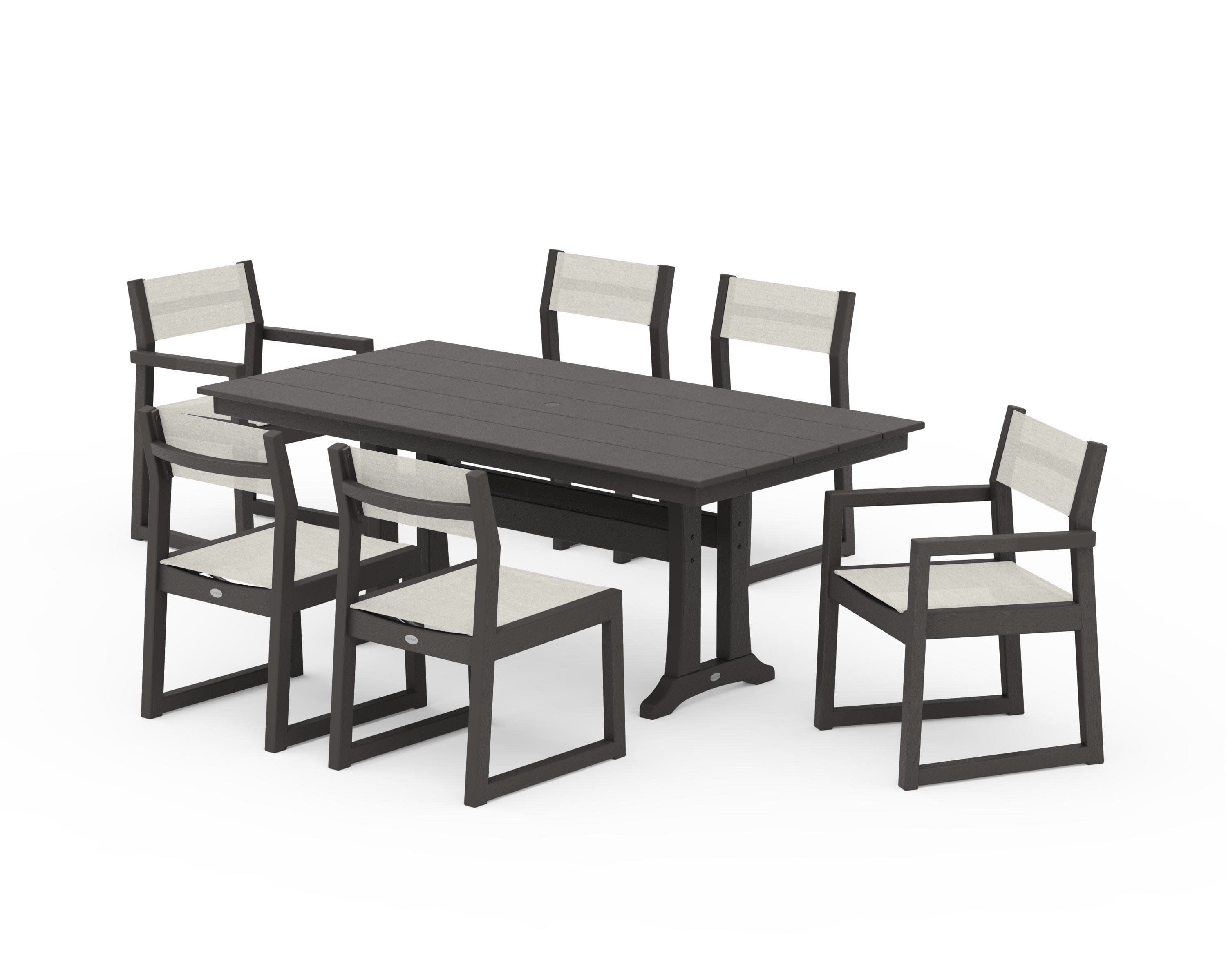 EDGE Sling 7-Piece Farmhouse Trestle Dining Set in Vintage Coffee / Parchment Sling
