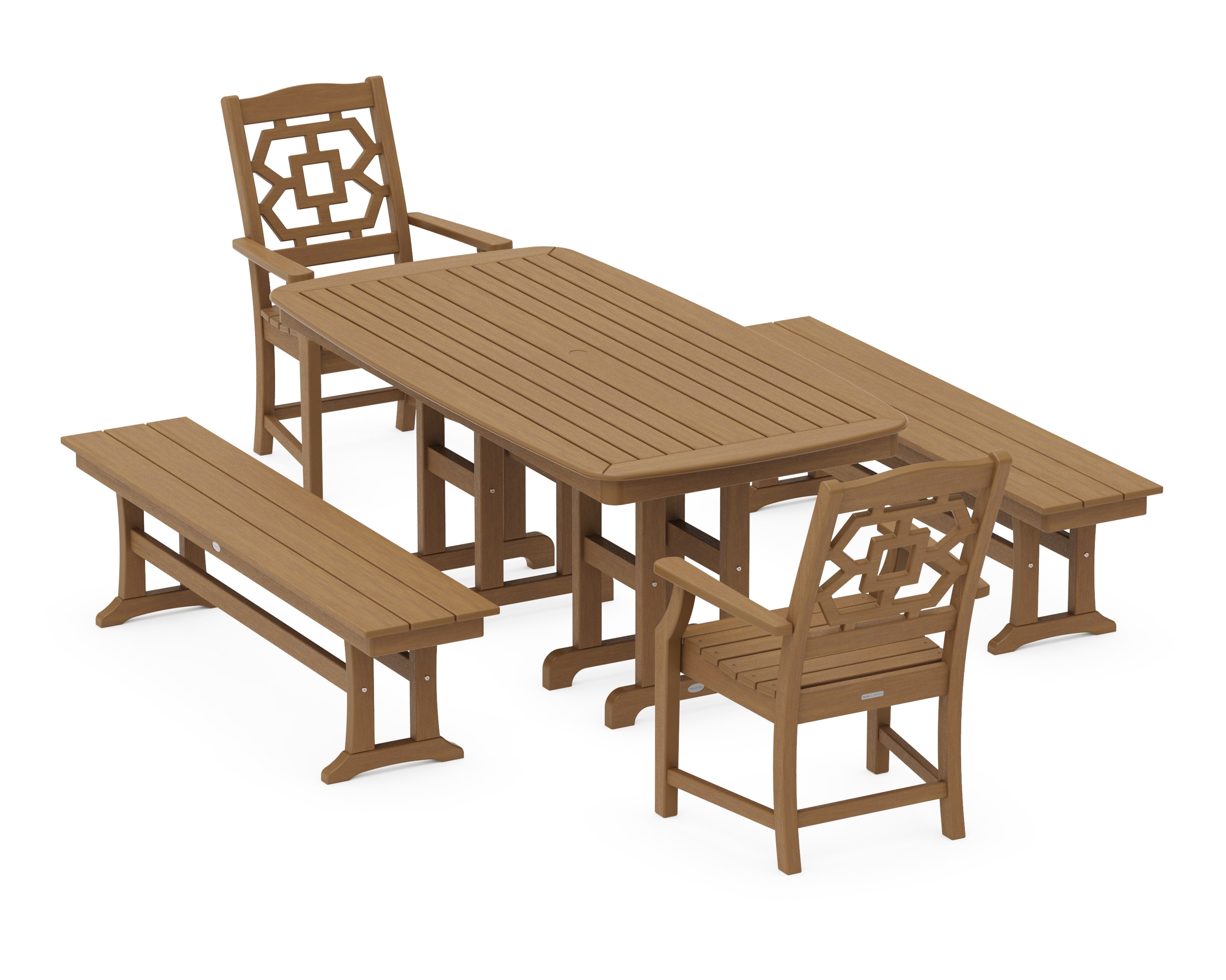 Chinoiserie 5-Piece Dining Set with Benches in Natural