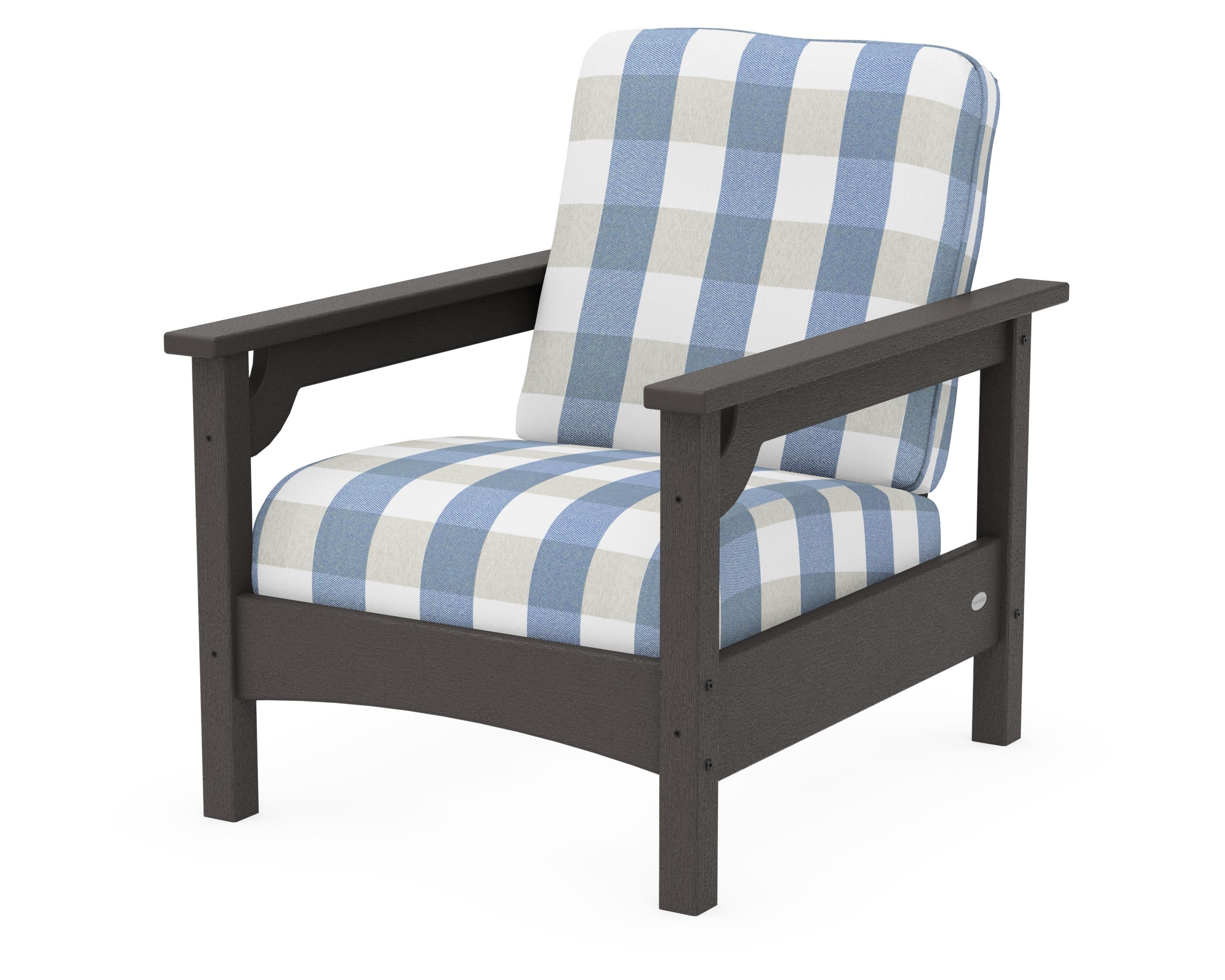 Club Chair in Vintage Coffee / Buffalo Plaid Sky Blue