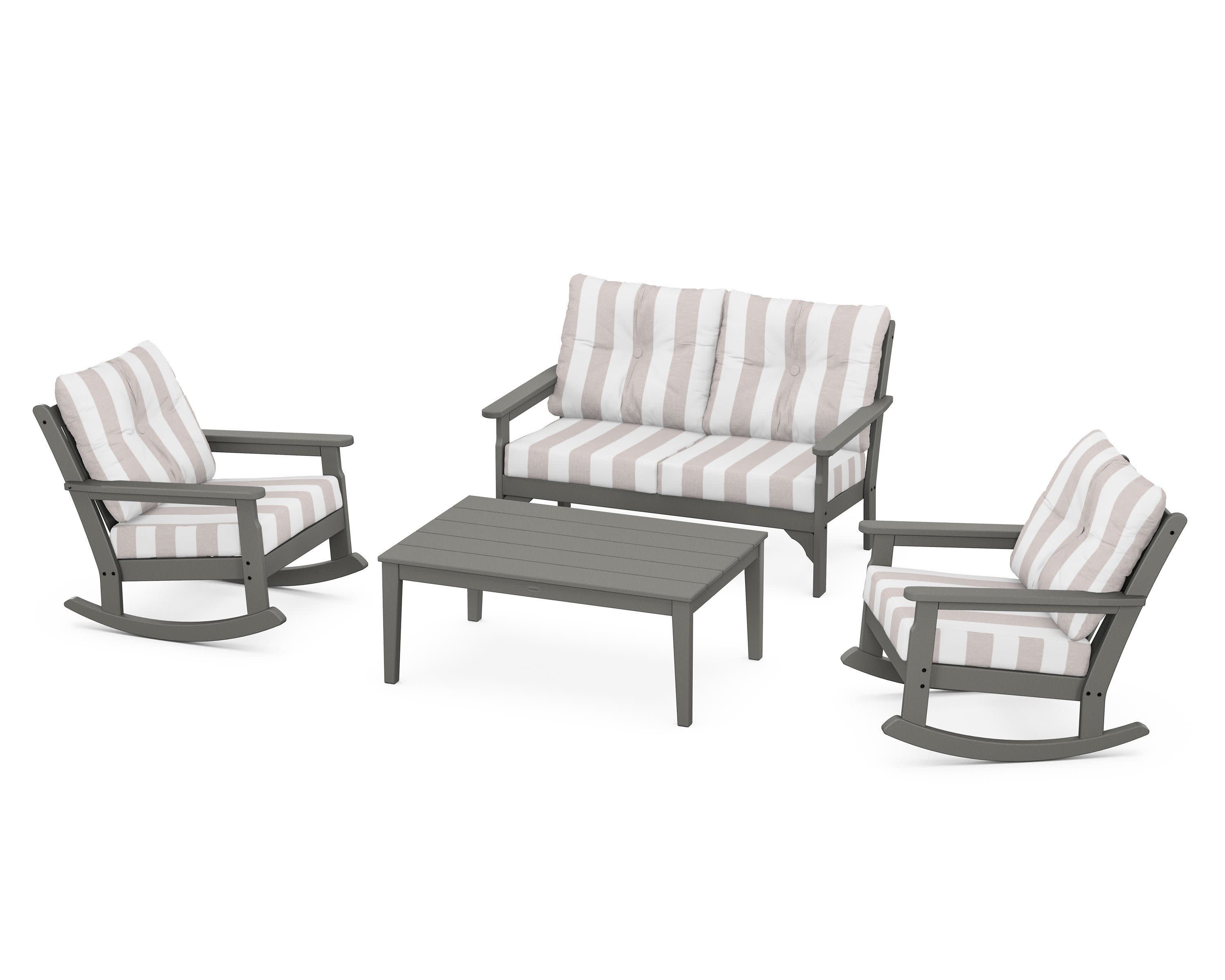 Vineyard 4-Piece Deep Seating Rocking Chair Set in Slate Grey / Cabana Stripe Dune Burlap