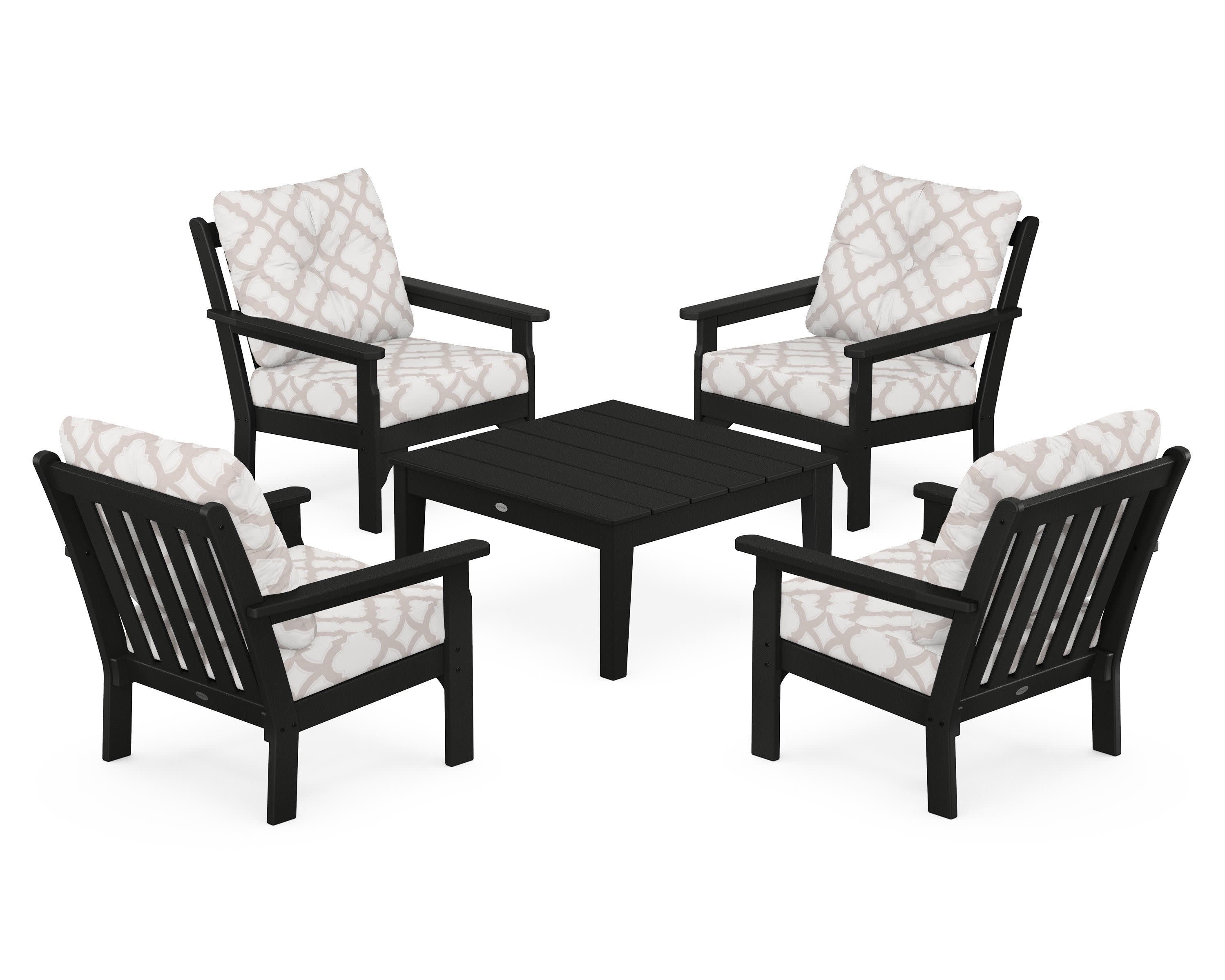 Vineyard 5-Piece Deep Seating Conversation Set in Black / Trellis Dune Burlap