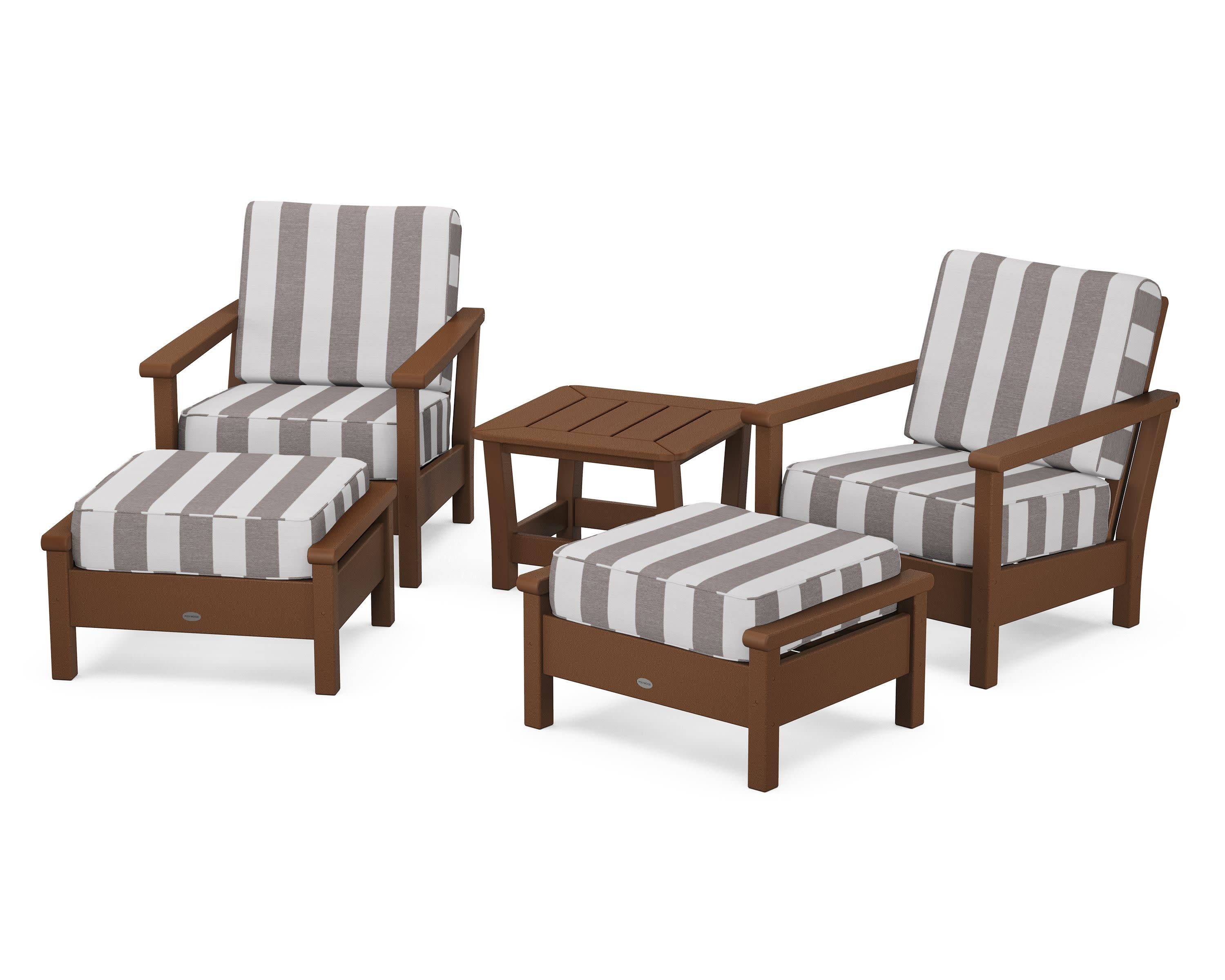 Harbour 5-Piece Deep Seating Chair Set in Teak / Cabana Stripe Grey Mist