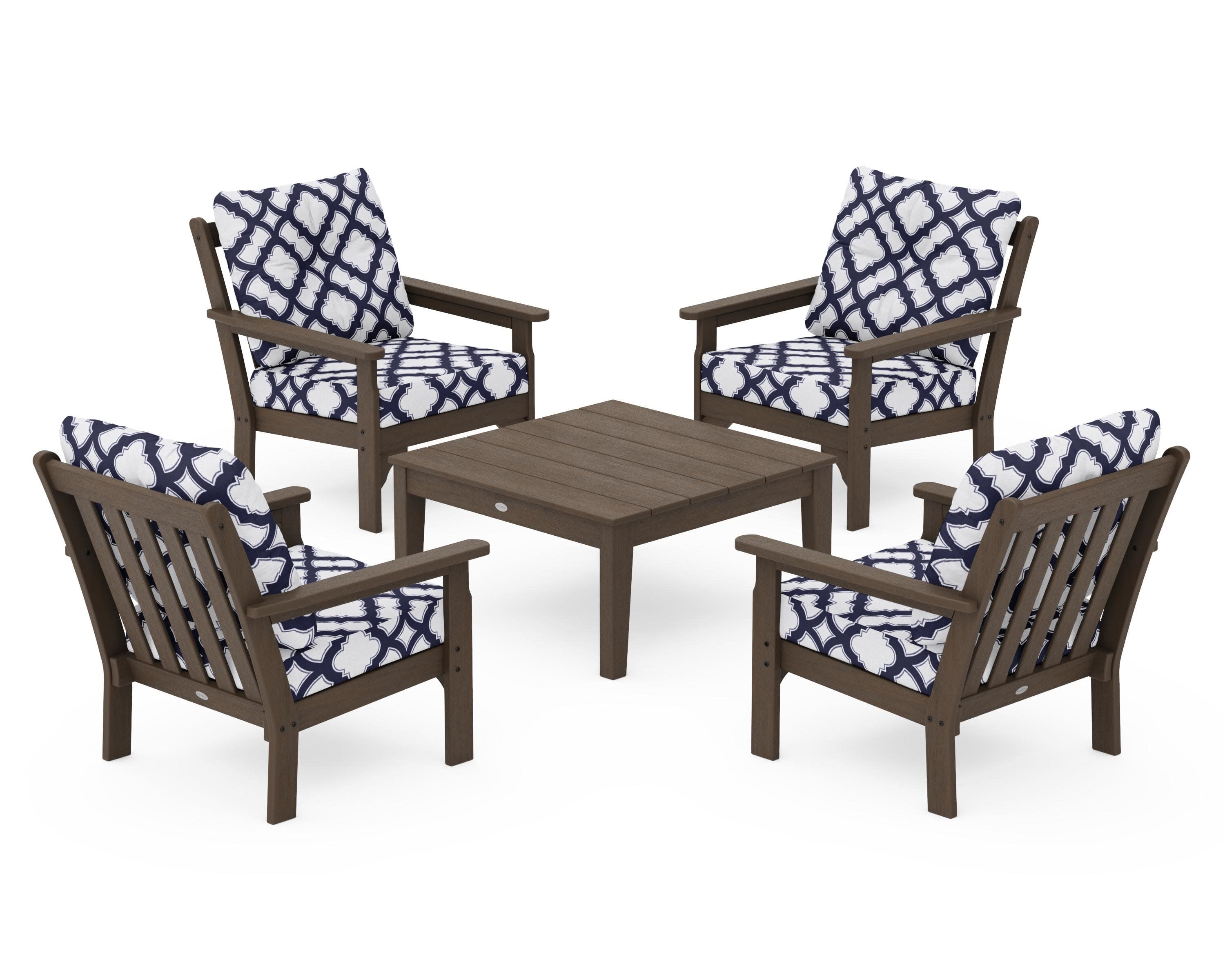 Vineyard 5-Piece Deep Seating Conversation Set in Kona / Trellis Navy