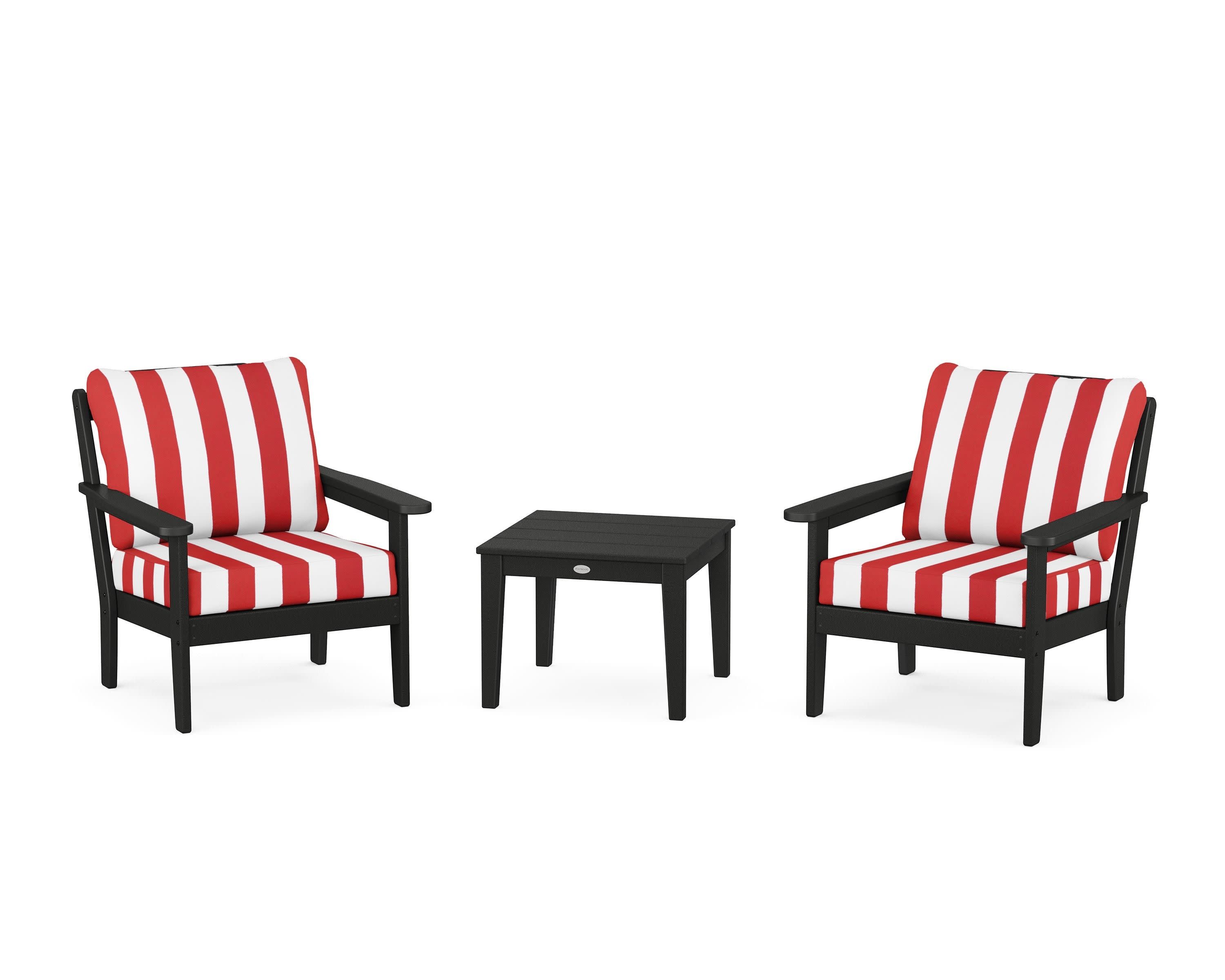 Cottage 3-Piece Deep Seating Set in Black / Cabana Stripe Crimson