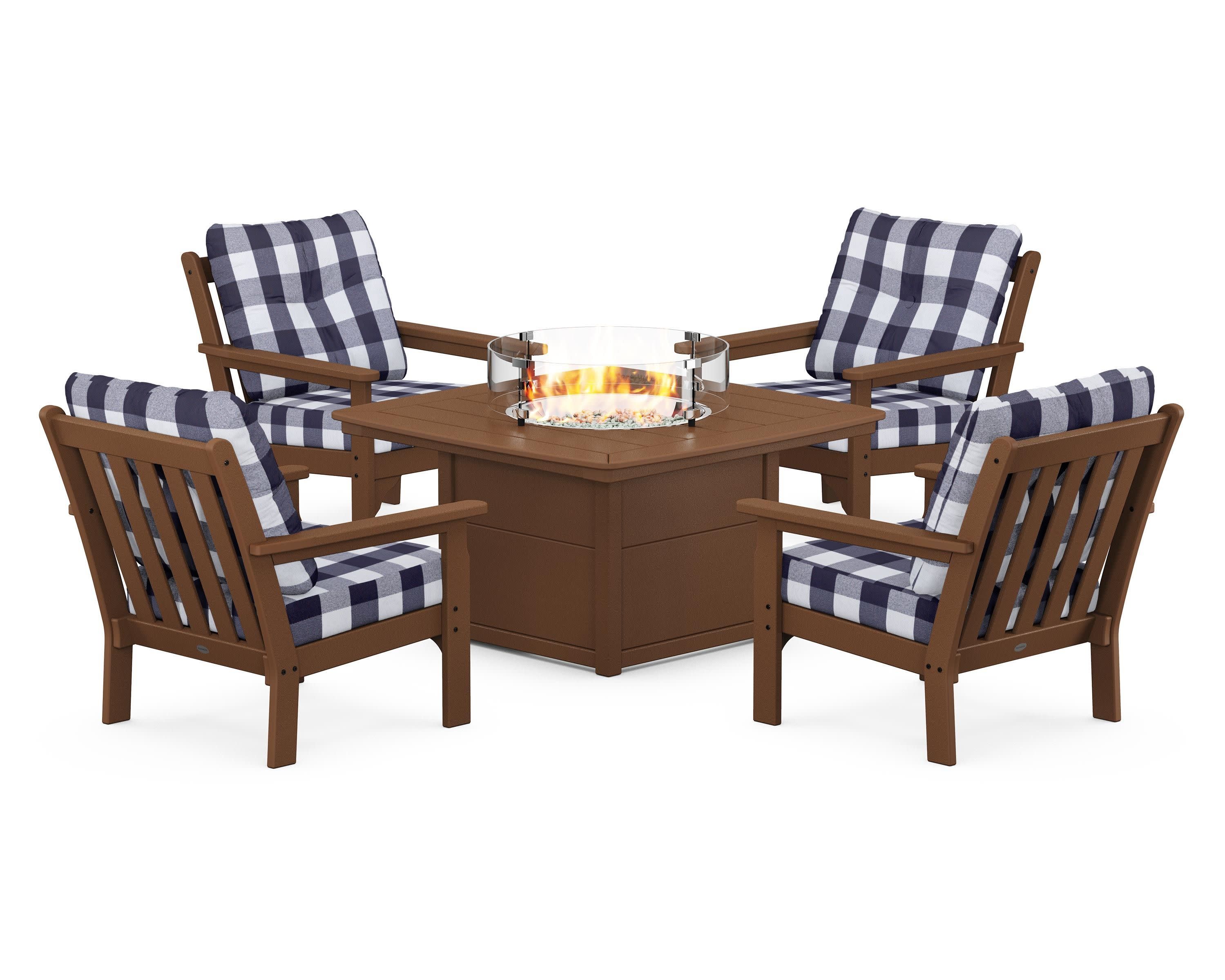 Vineyard 5-Piece Conversation Set with Fire Pit Table in Teak / Buffalo Plaid Navy