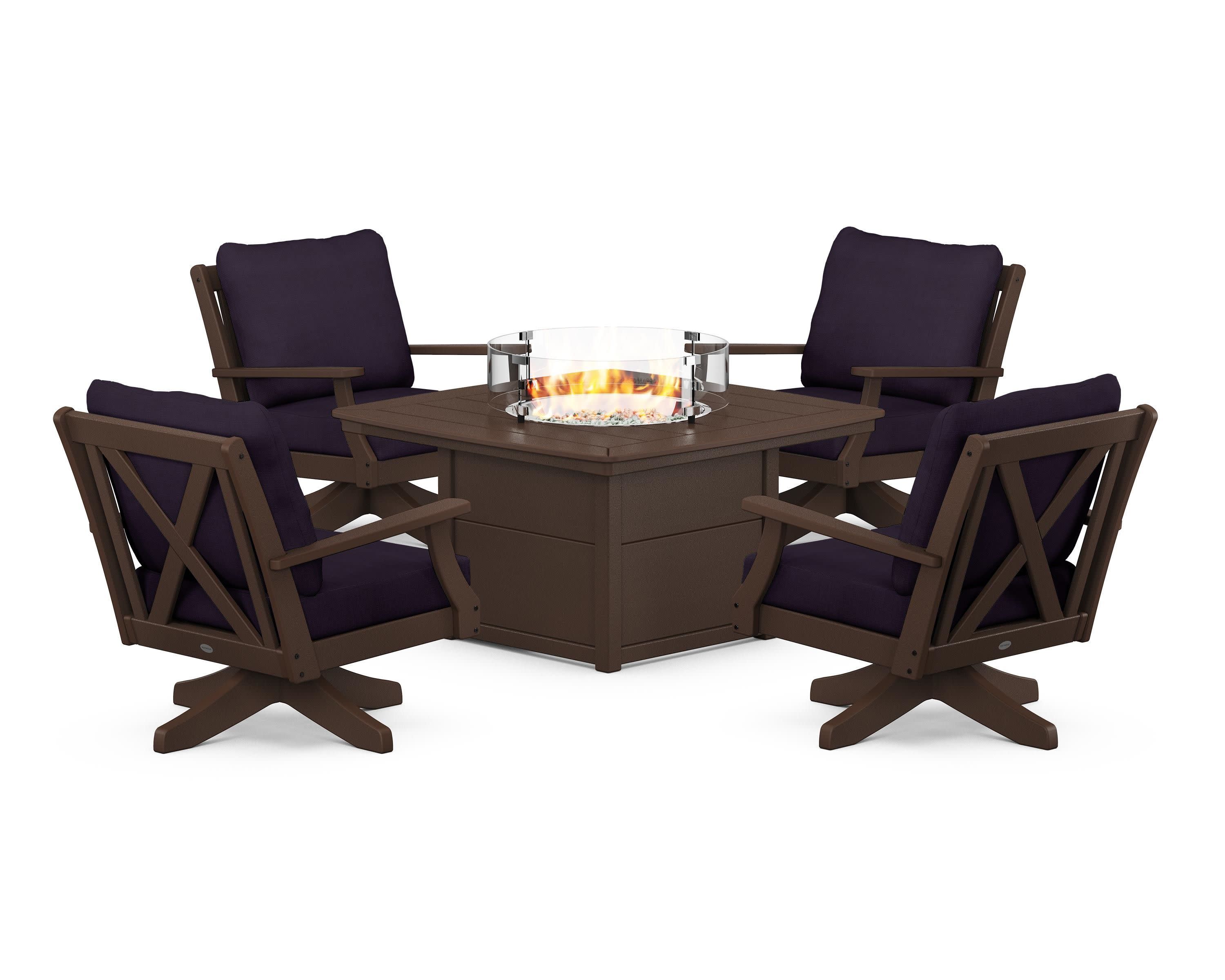 Braxton 5-Piece Deep Seating Swivel Conversation Set with Fire Pit Table in Mahogany / Navy Linen