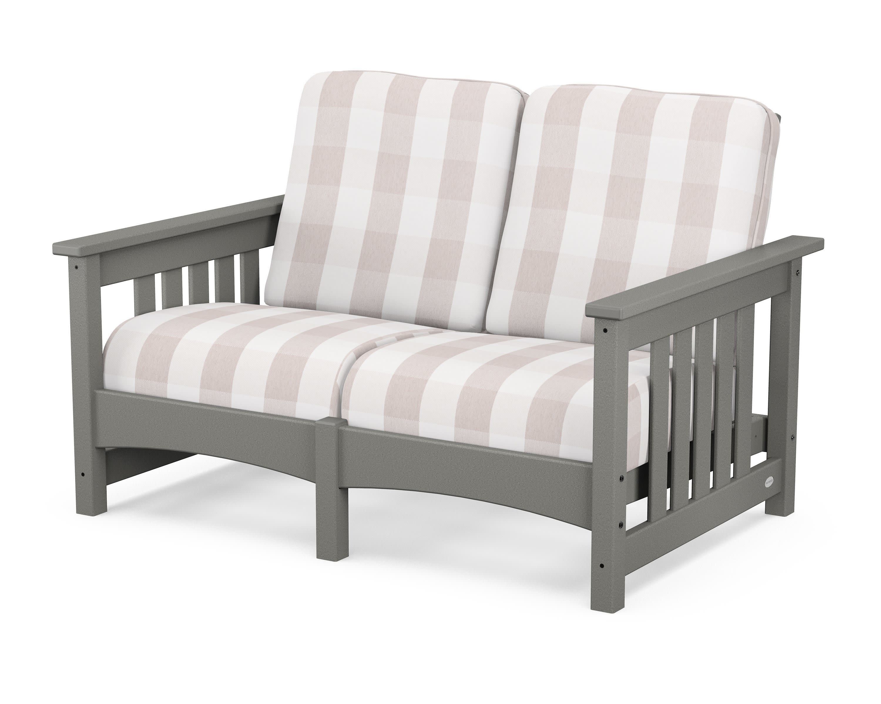 Club Mission Loveseat in Slate Grey / Buffalo Plaid Dune Burlap