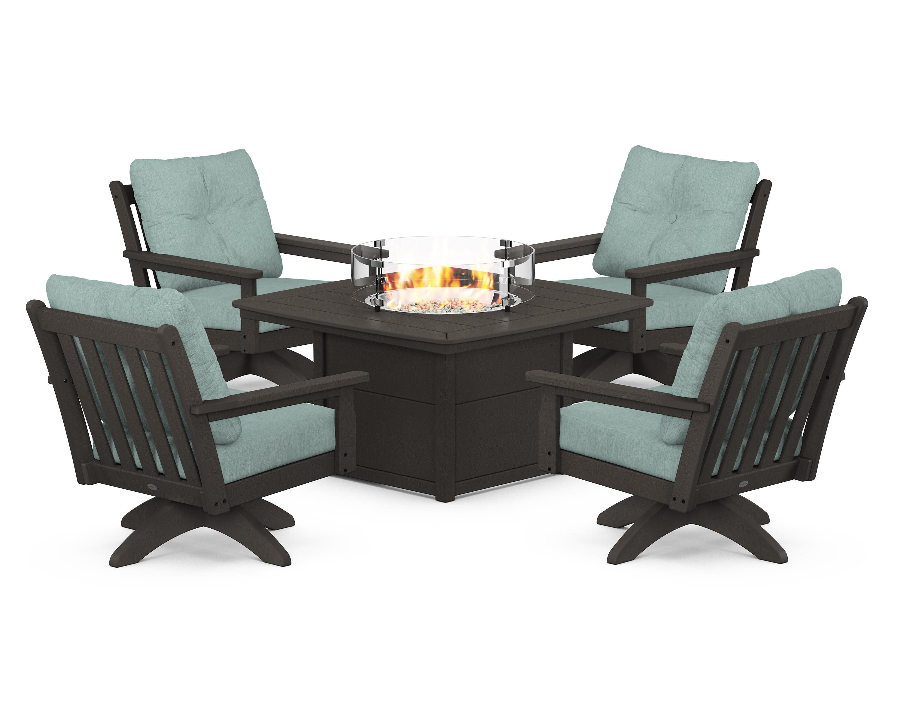 Vineyard 5-Piece Deep Seating Swivel Conversation Set with Fire Pit Table in Vintage Coffee / Glacier Spa